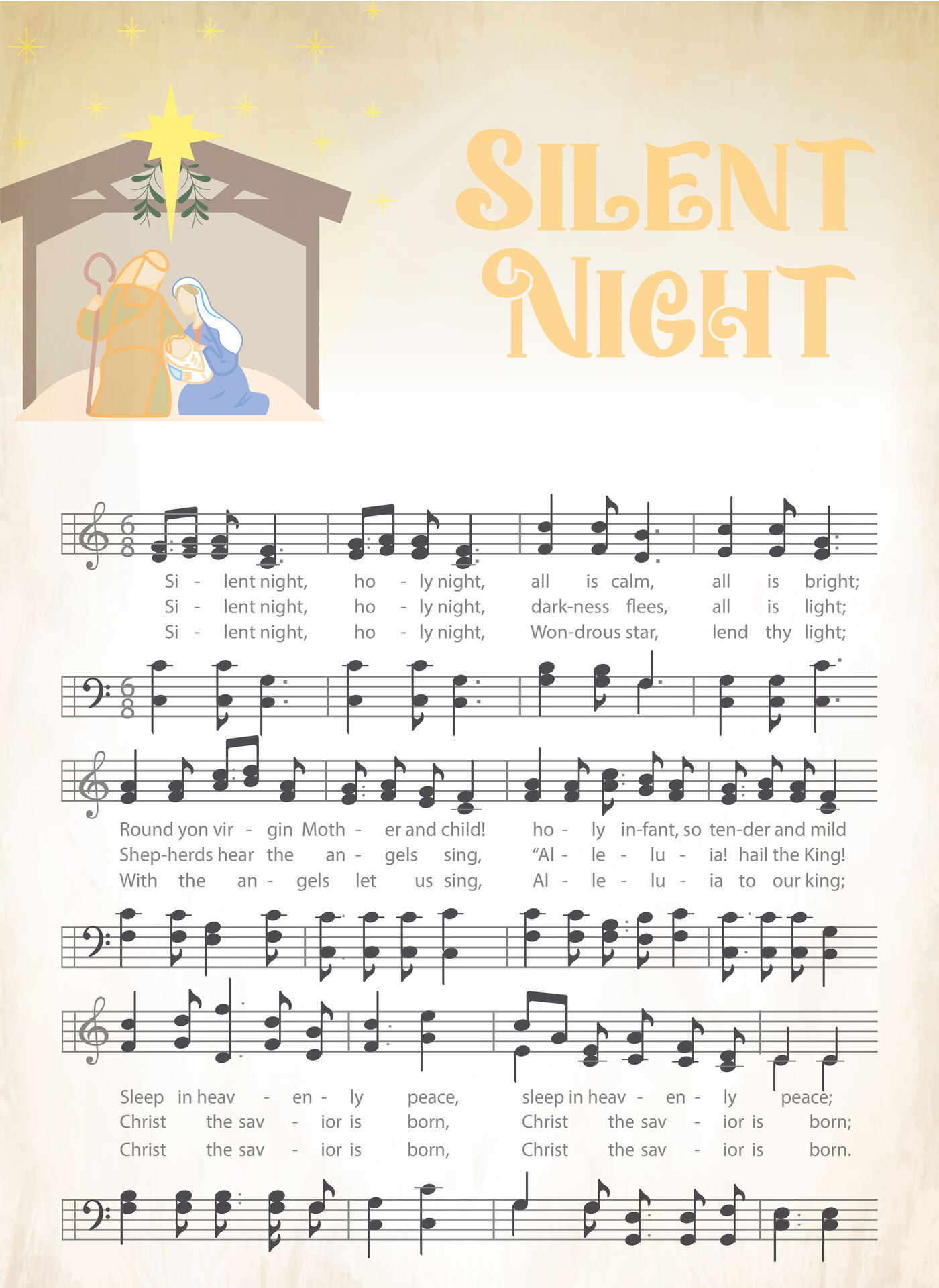 Printable Retro Silent Night Holiday Music Sheet