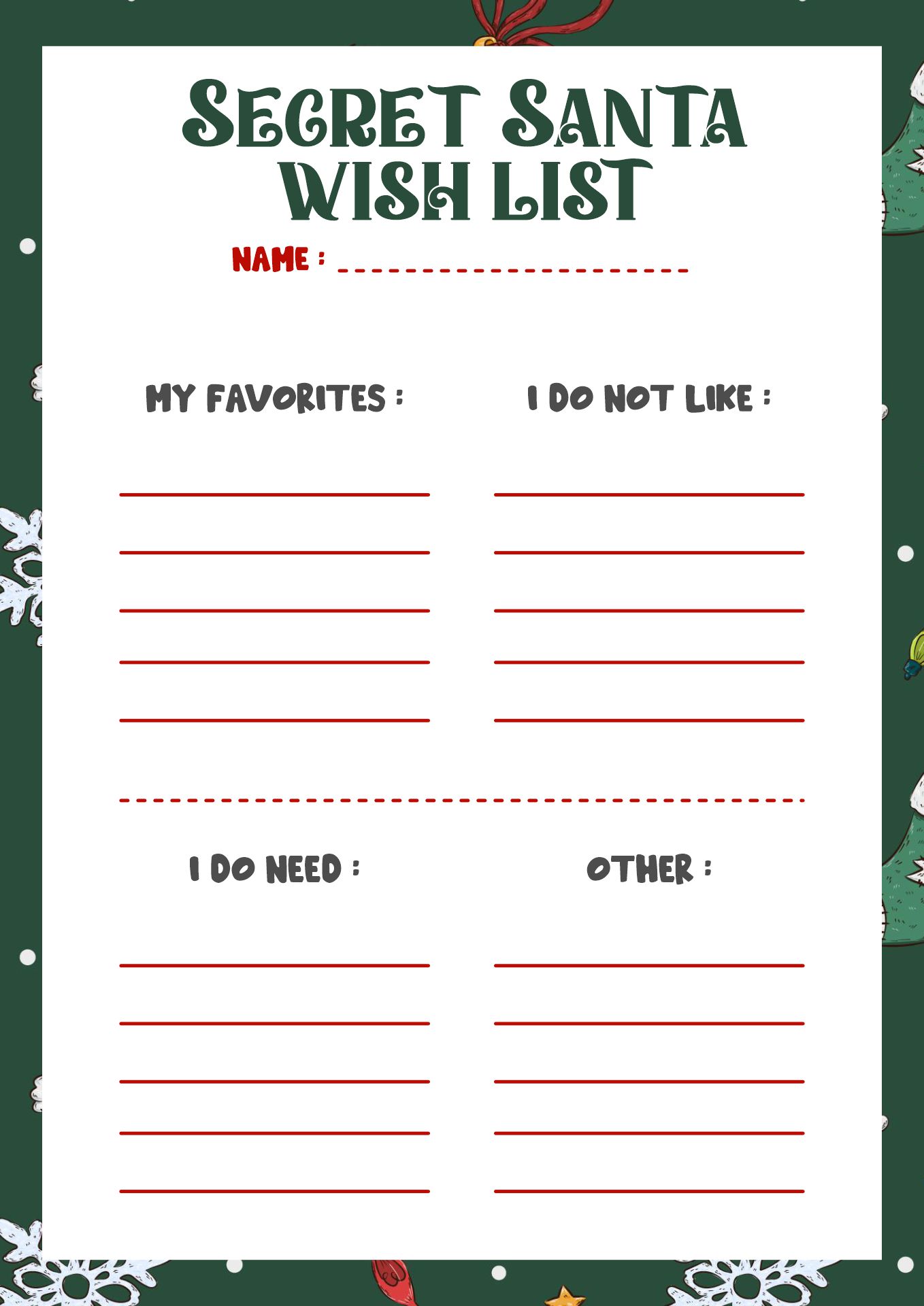 Printable Secret Santa Gift Wish List