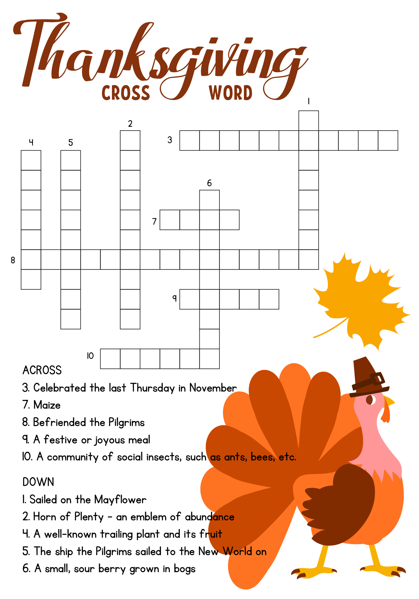 Printable Thanksgiving Crossword Puzzles