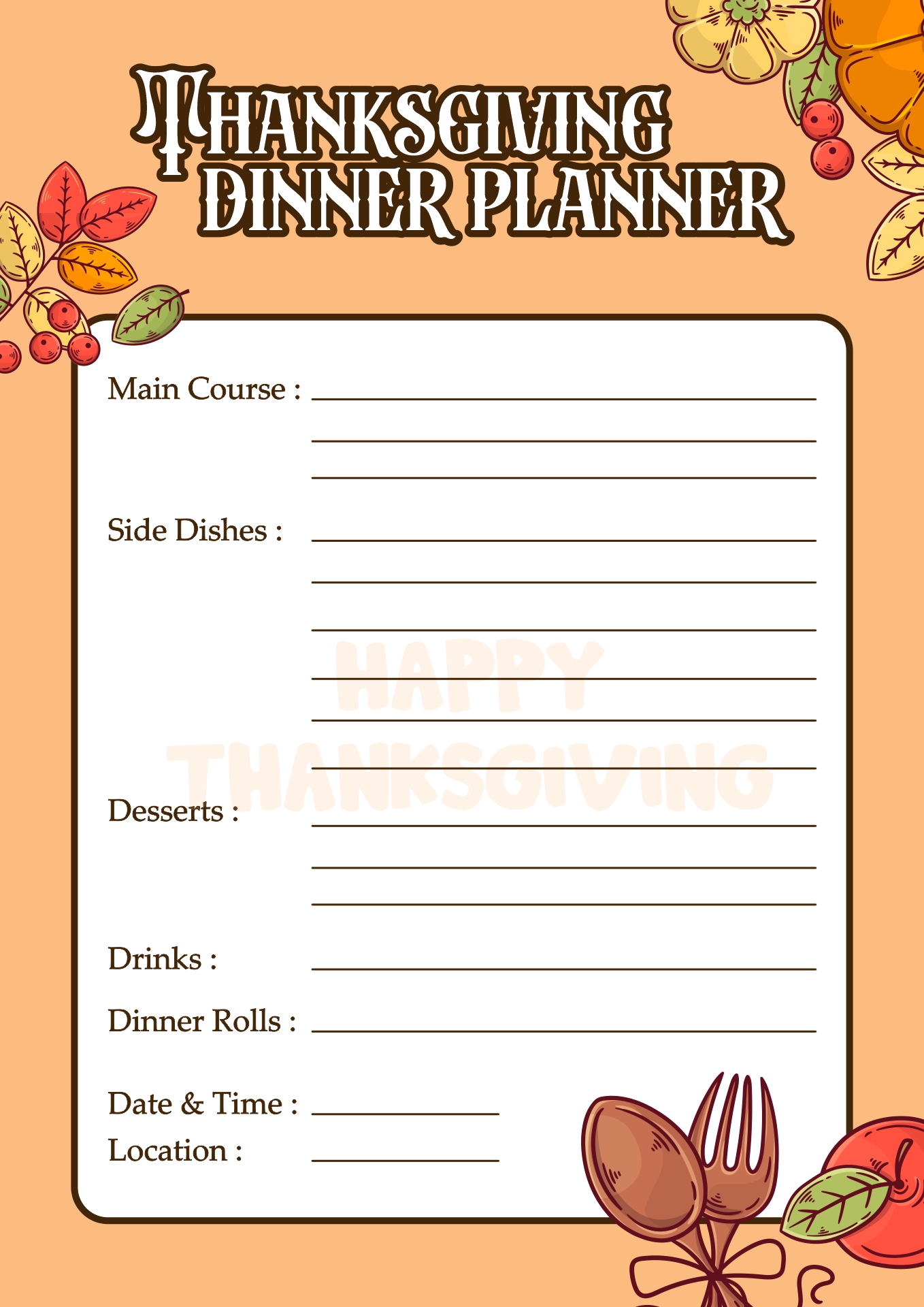 Printable Thanksgiving Dinner Menu Planner