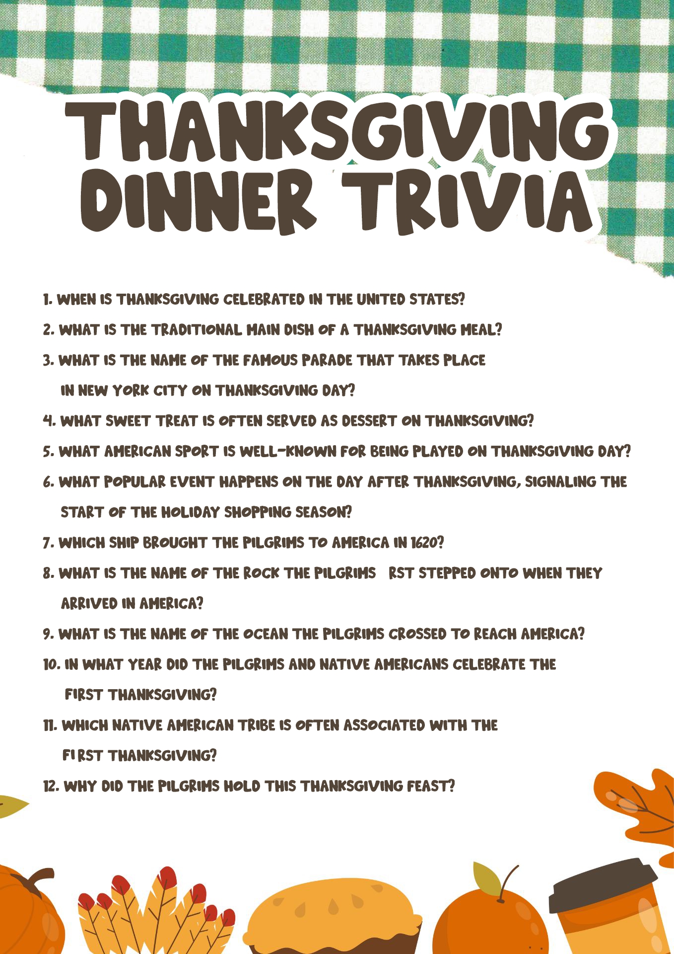 Printable Thanksgiving Dinner Trivia