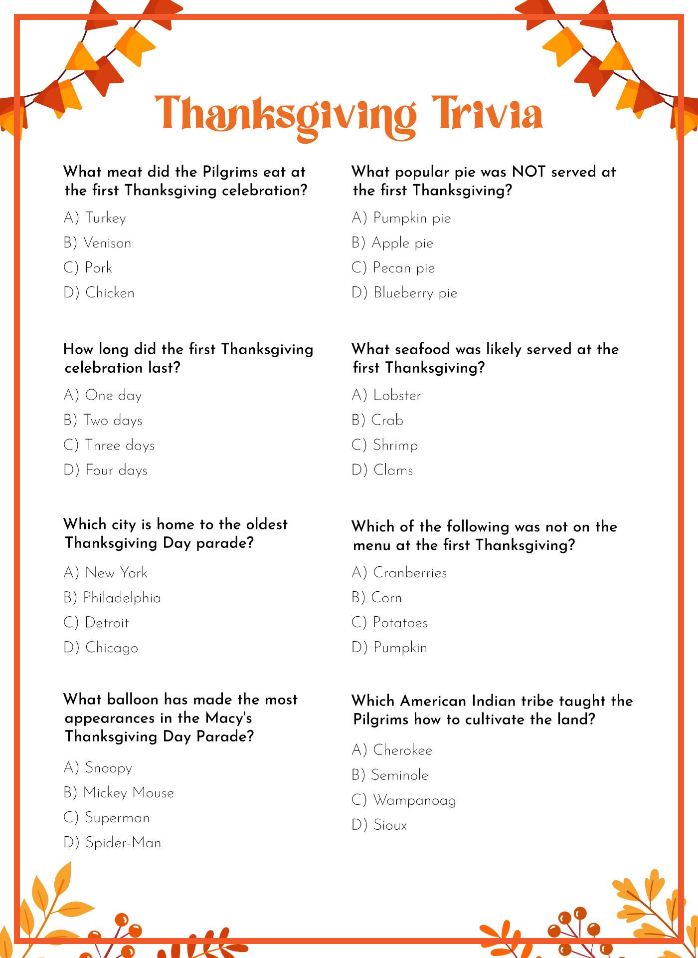 Printable Thanksgiving History Trivia and Answer Key