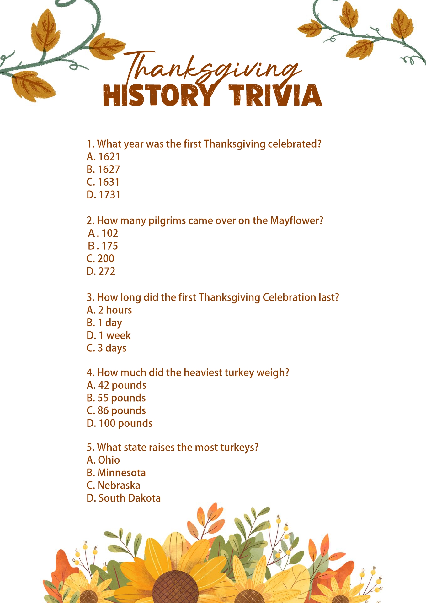 Printable Thanksgiving History Trivia