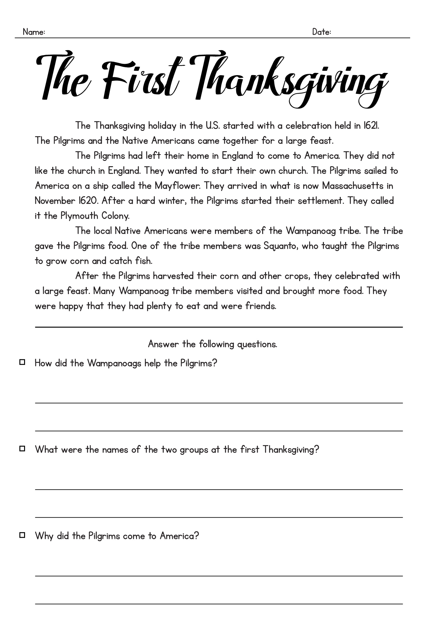 Printable Thanksgiving History Worksheets for Middle School