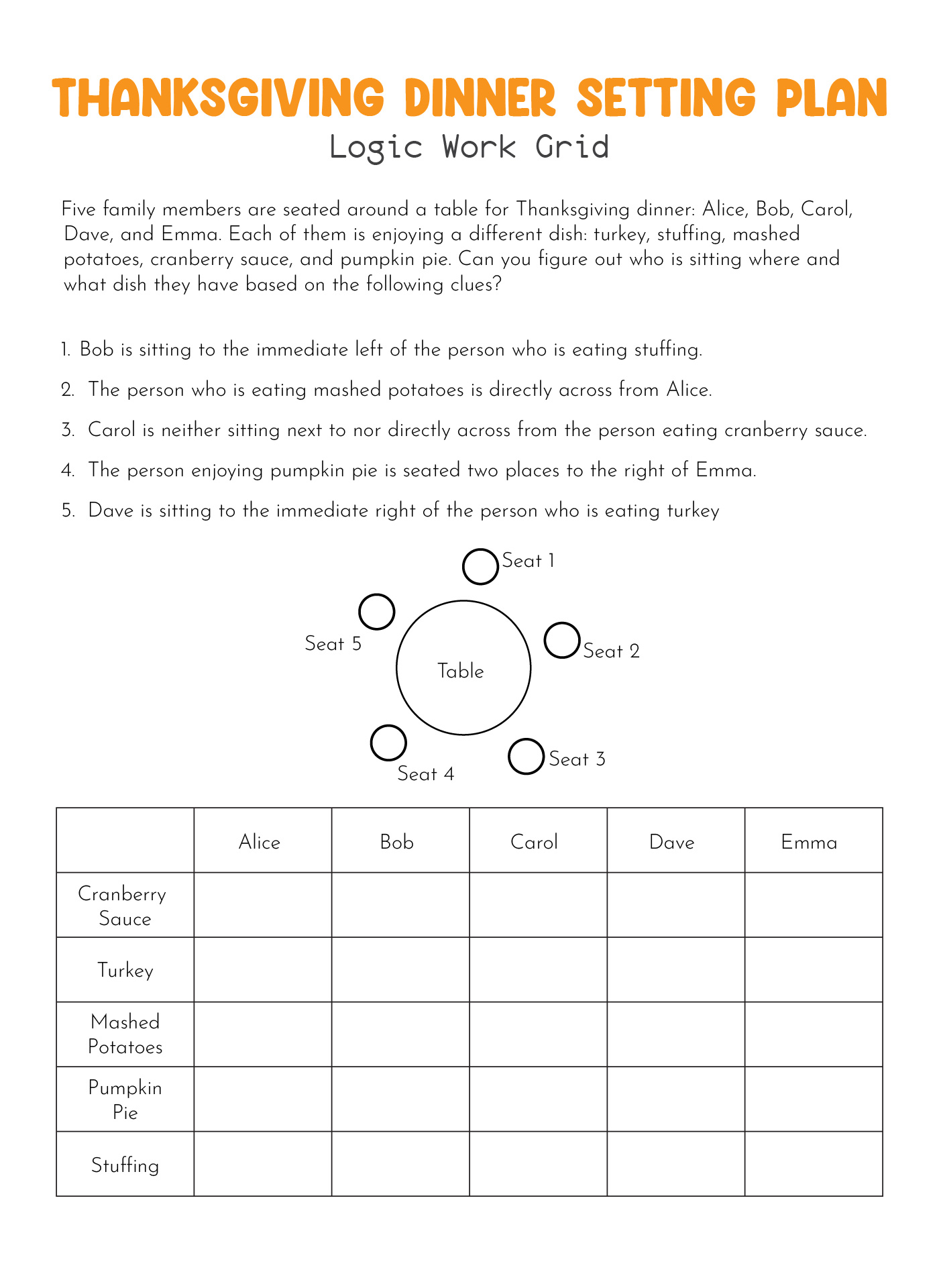 Printable Thanksgiving Logic Puzzles