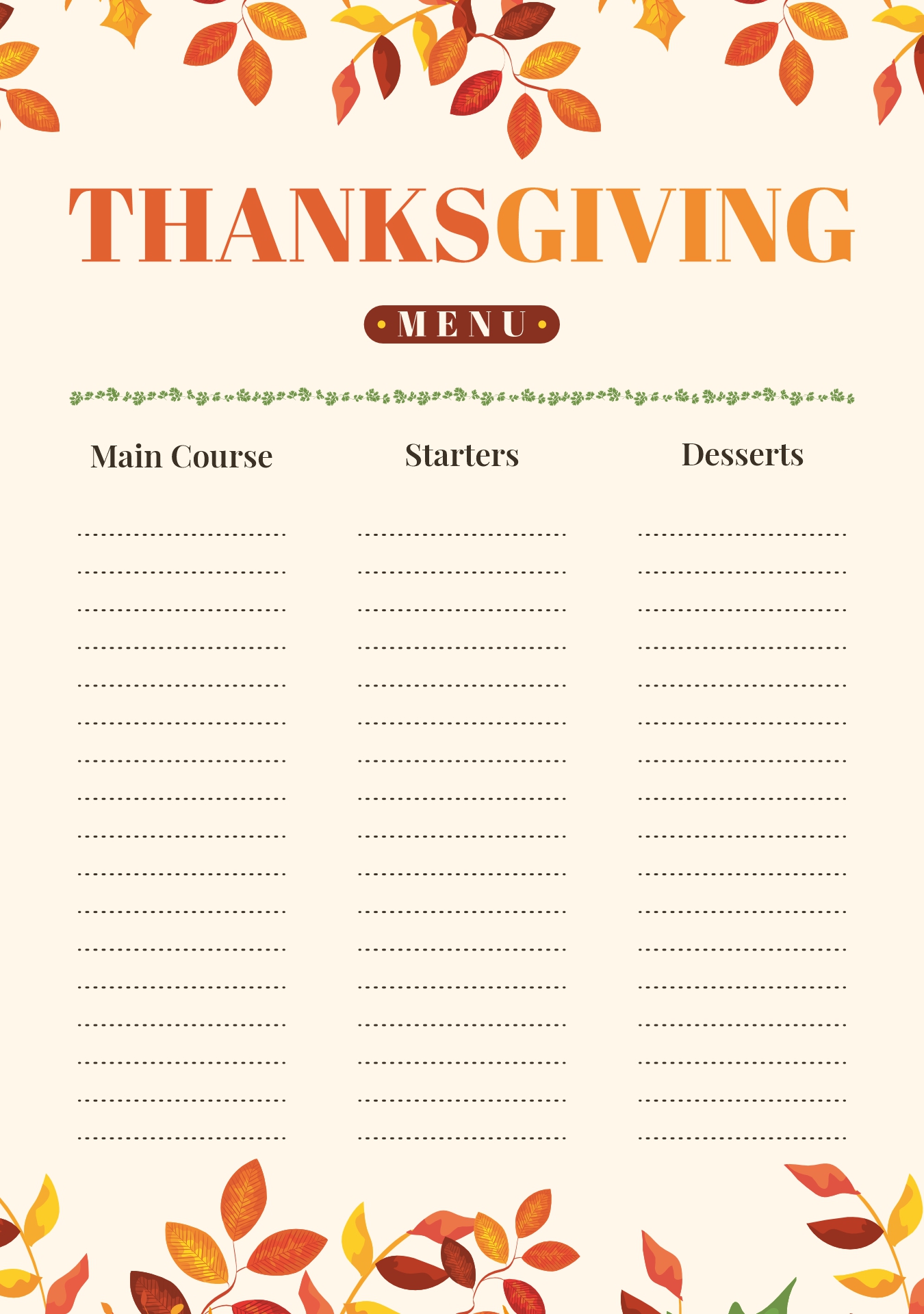 Printable Thanksgiving Menu Card Design