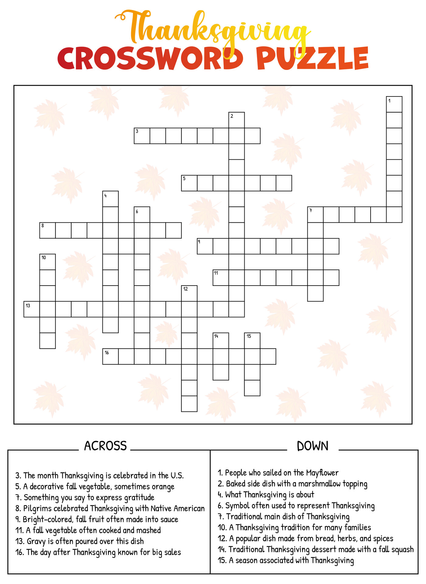 Printable Thanksgiving Themed Crossword Puzzles