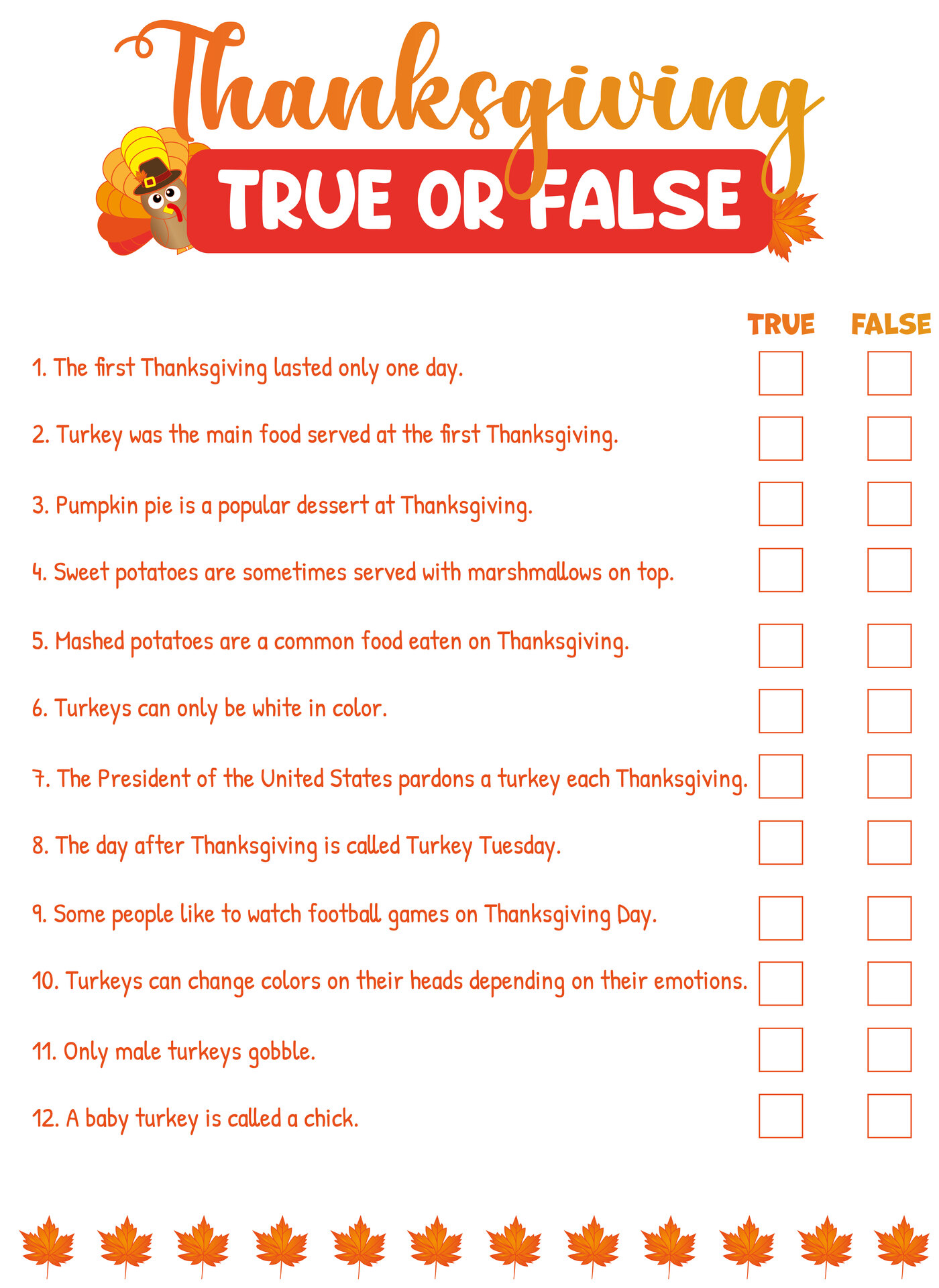 Printable Thanksgiving True or False Trivia Quiz