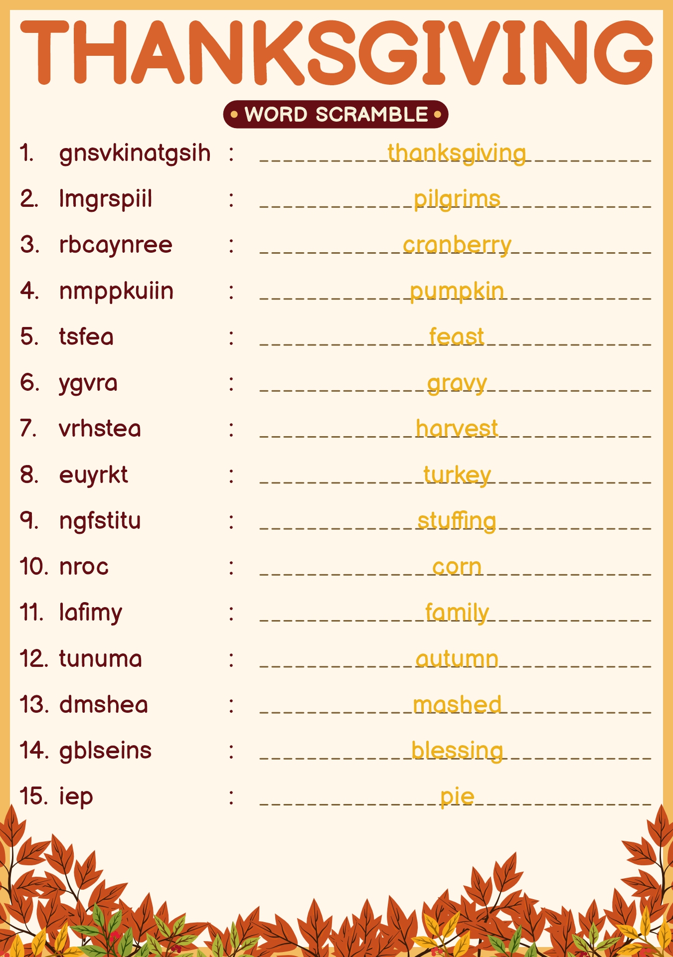 Printable Thanksgiving Word Scramble with Answers