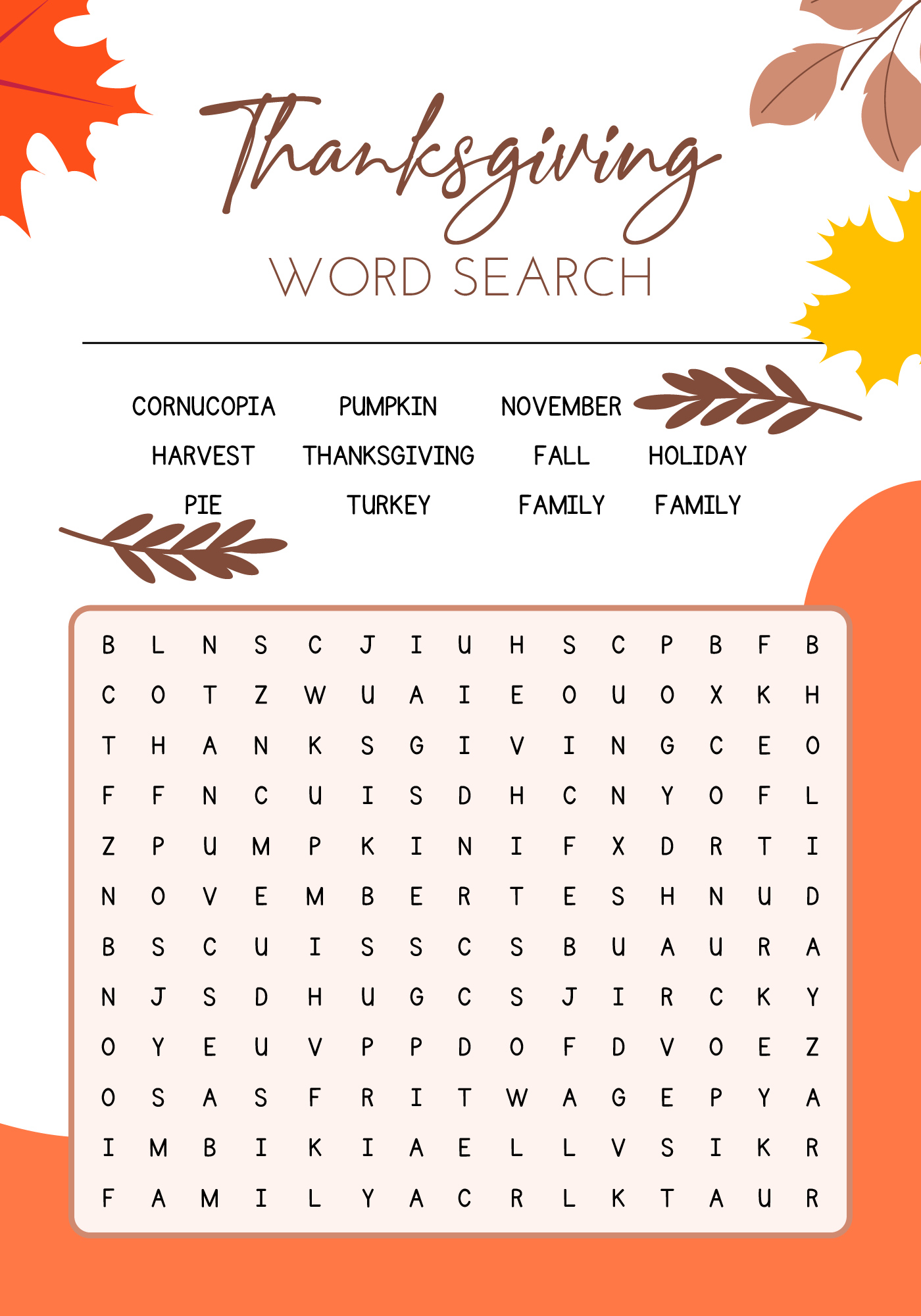 Printable Thanksgiving Word Search for Kids