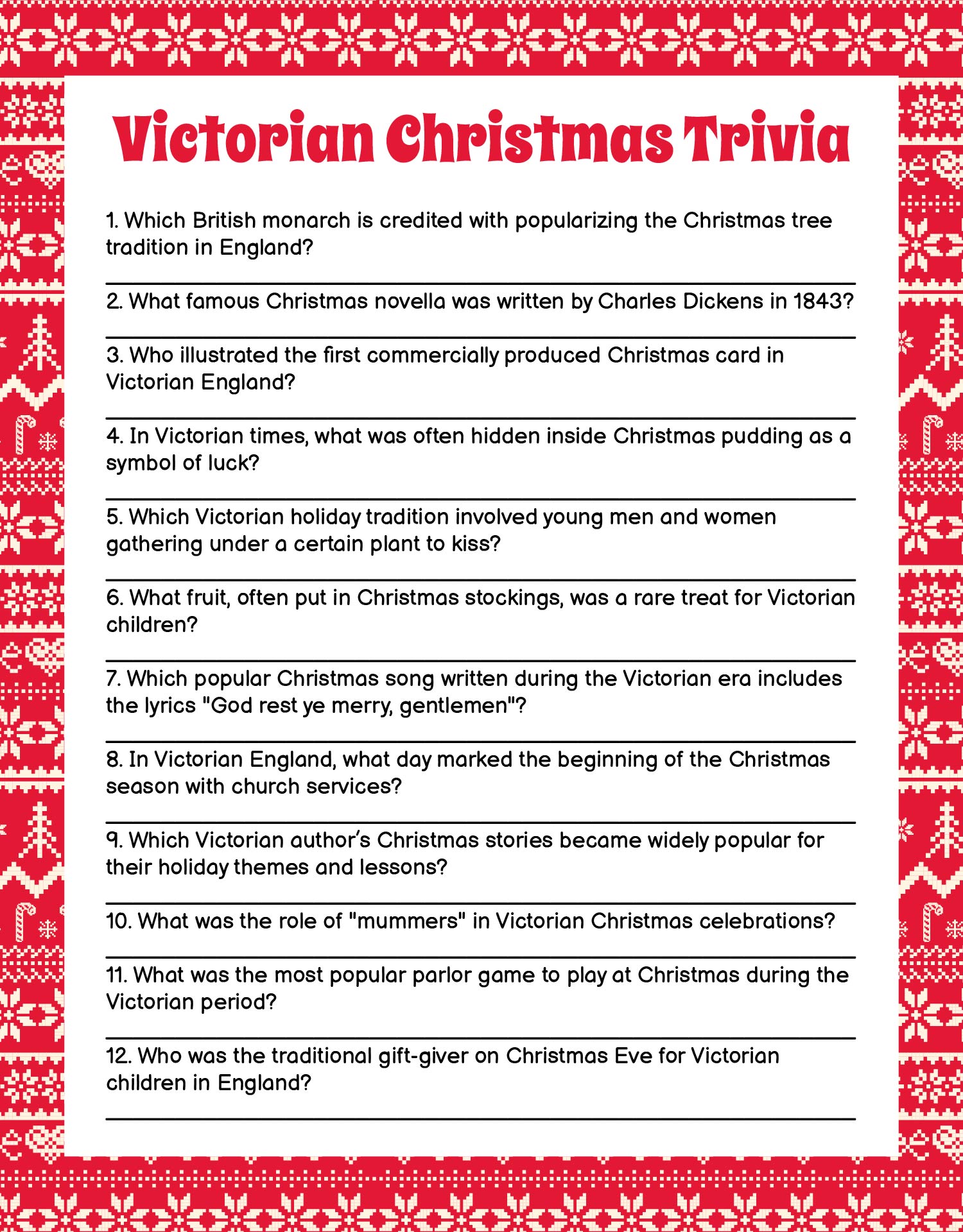 Printable Victorian Christmas Trivia Challenges