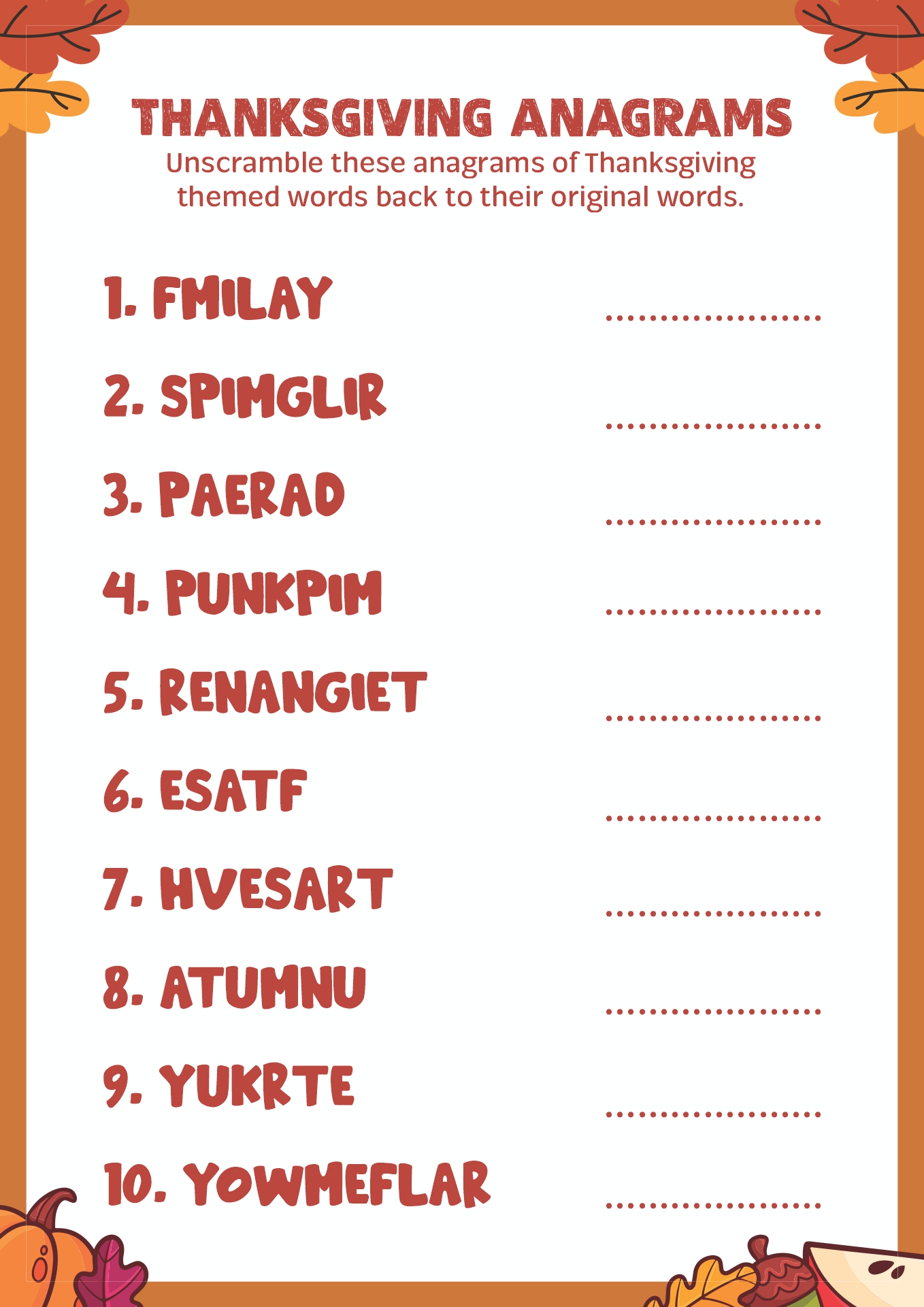 Thanksgiving Anagram Worksheets