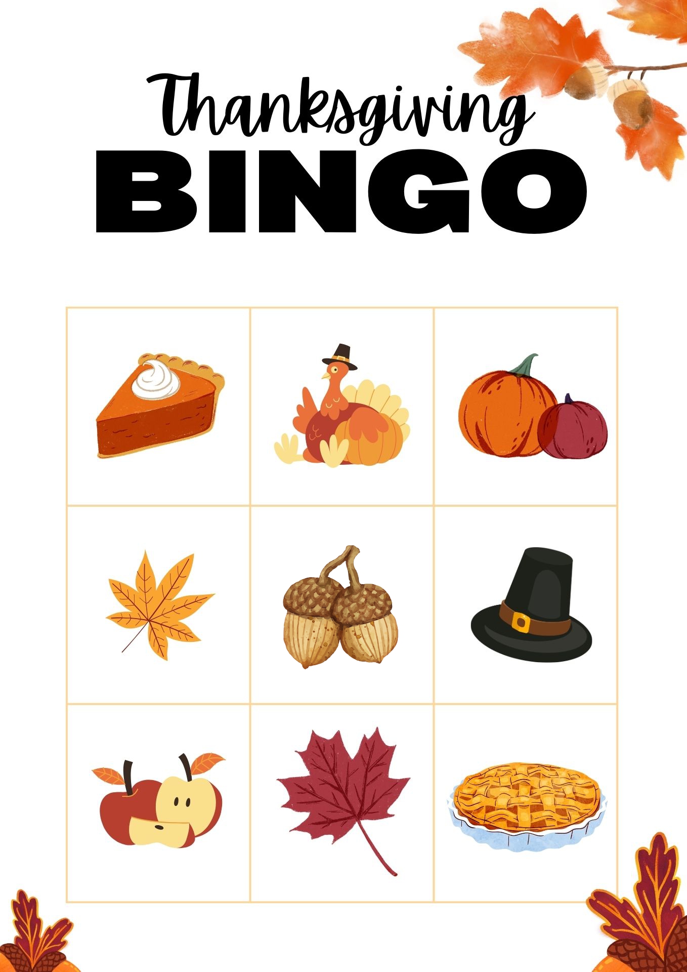 Thanksgiving Bingo Sheets for Classroom Party