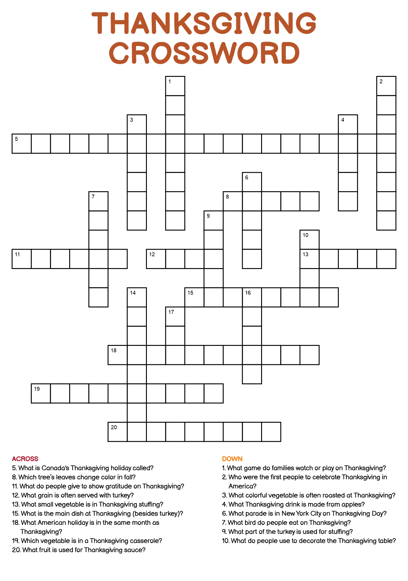 Thanksgiving Crossword Puzzles for Families