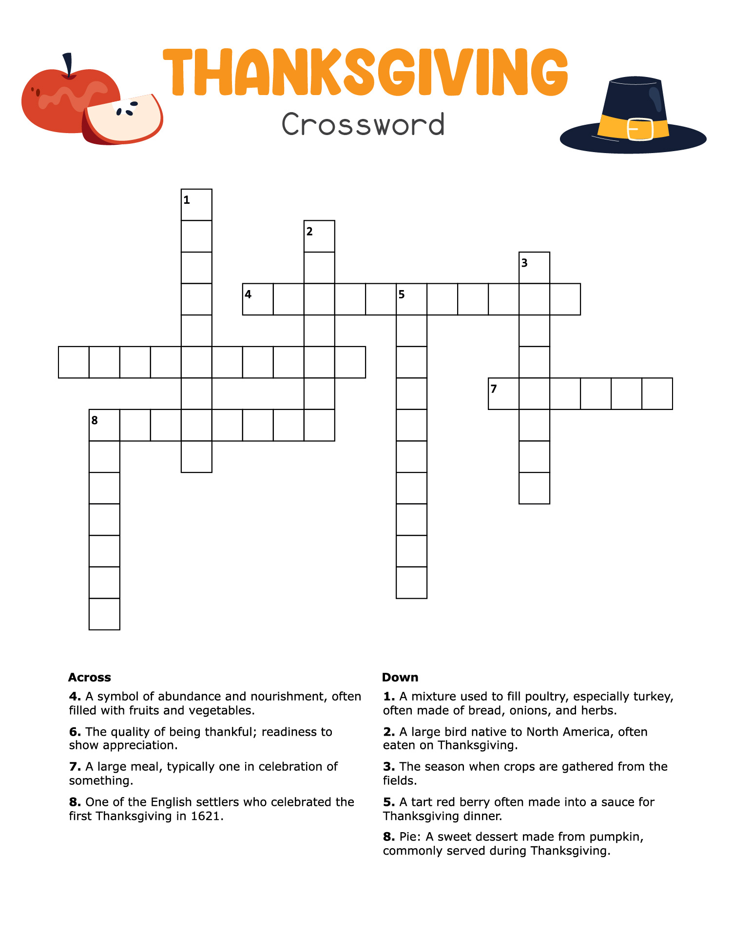 Thanksgiving Crossword Puzzles for Kids Printable