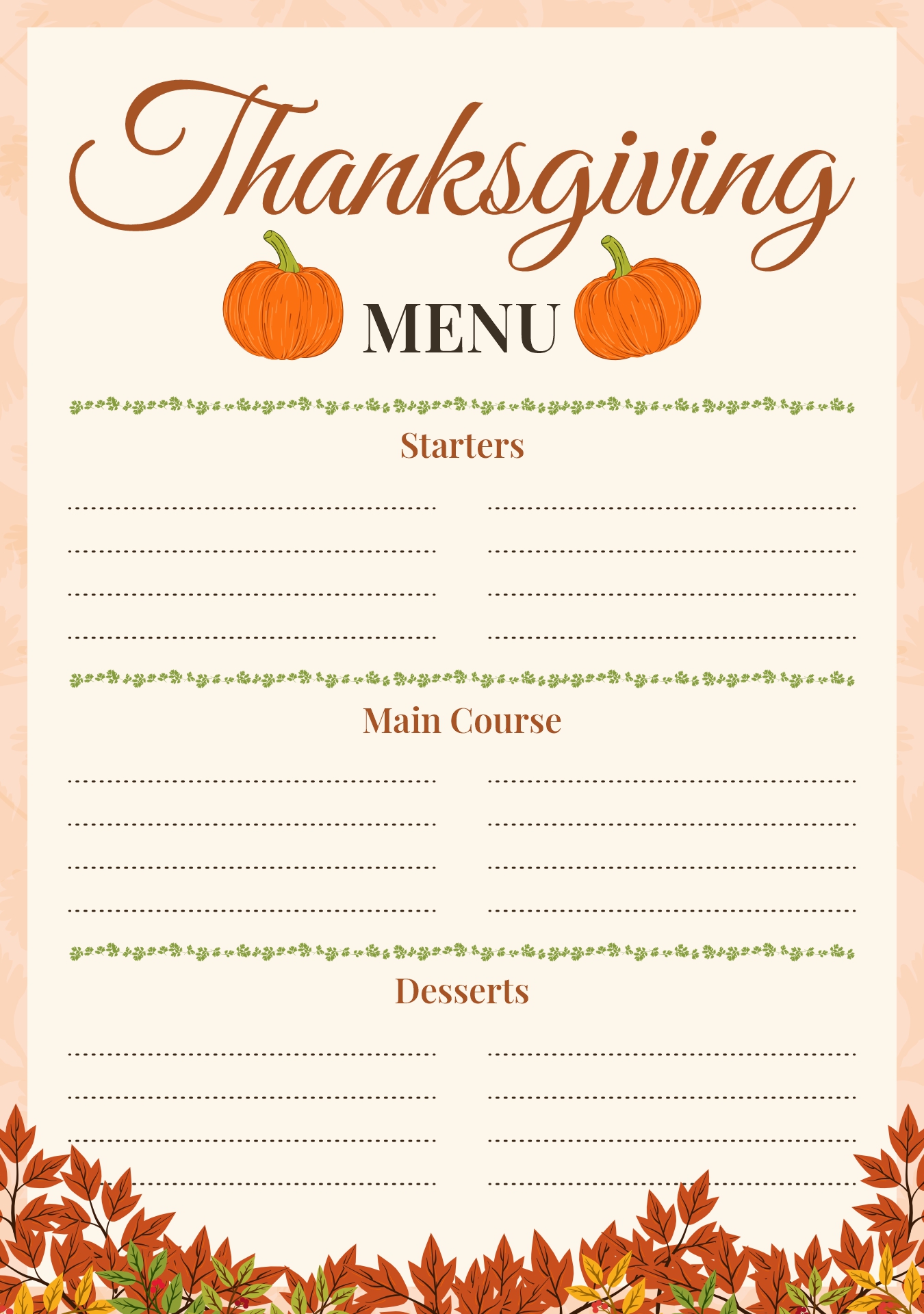 Thanksgiving Dinner Menu Card Printable