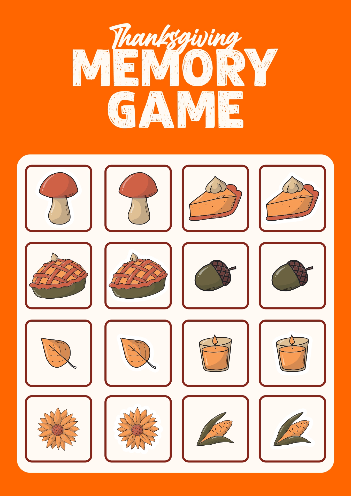 Thanksgiving Dinner Theme Memory Game Printable