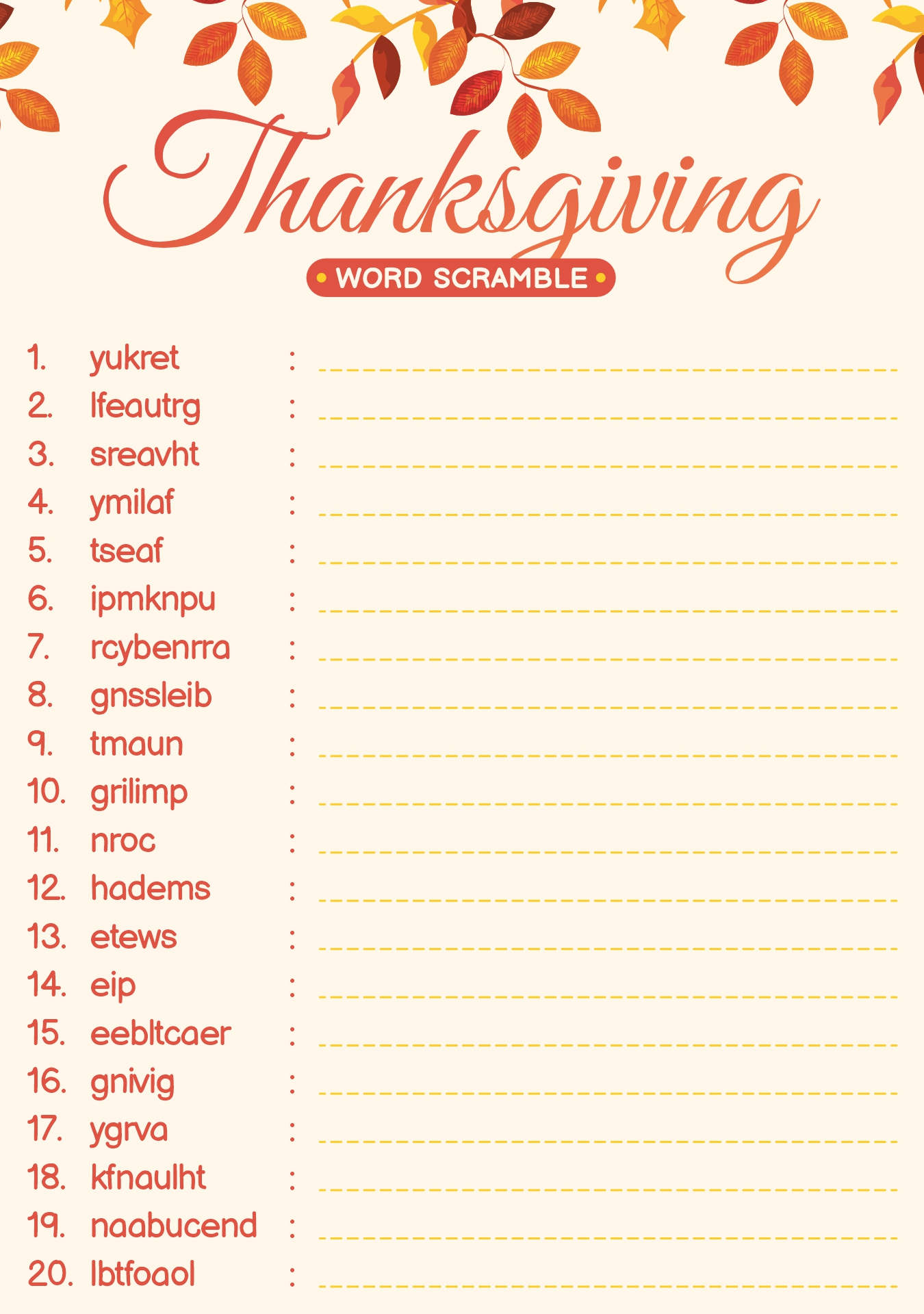 Thanksgiving Dinner Word Scramble Printable Activity