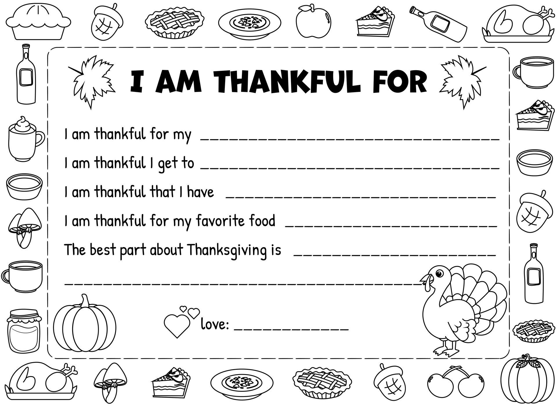 Thanksgiving Gratitude List Placemat Printable