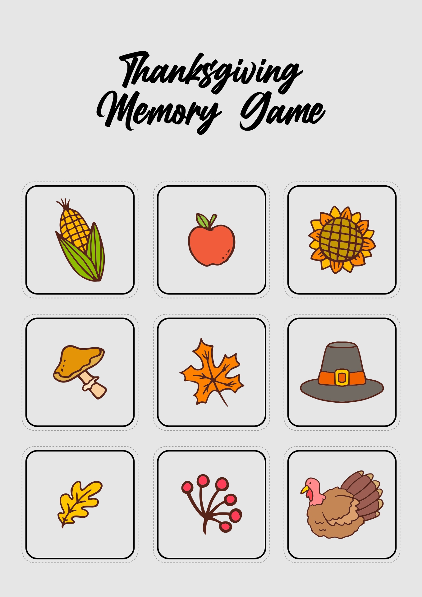 Thanksgiving Memory Game Printable for Family