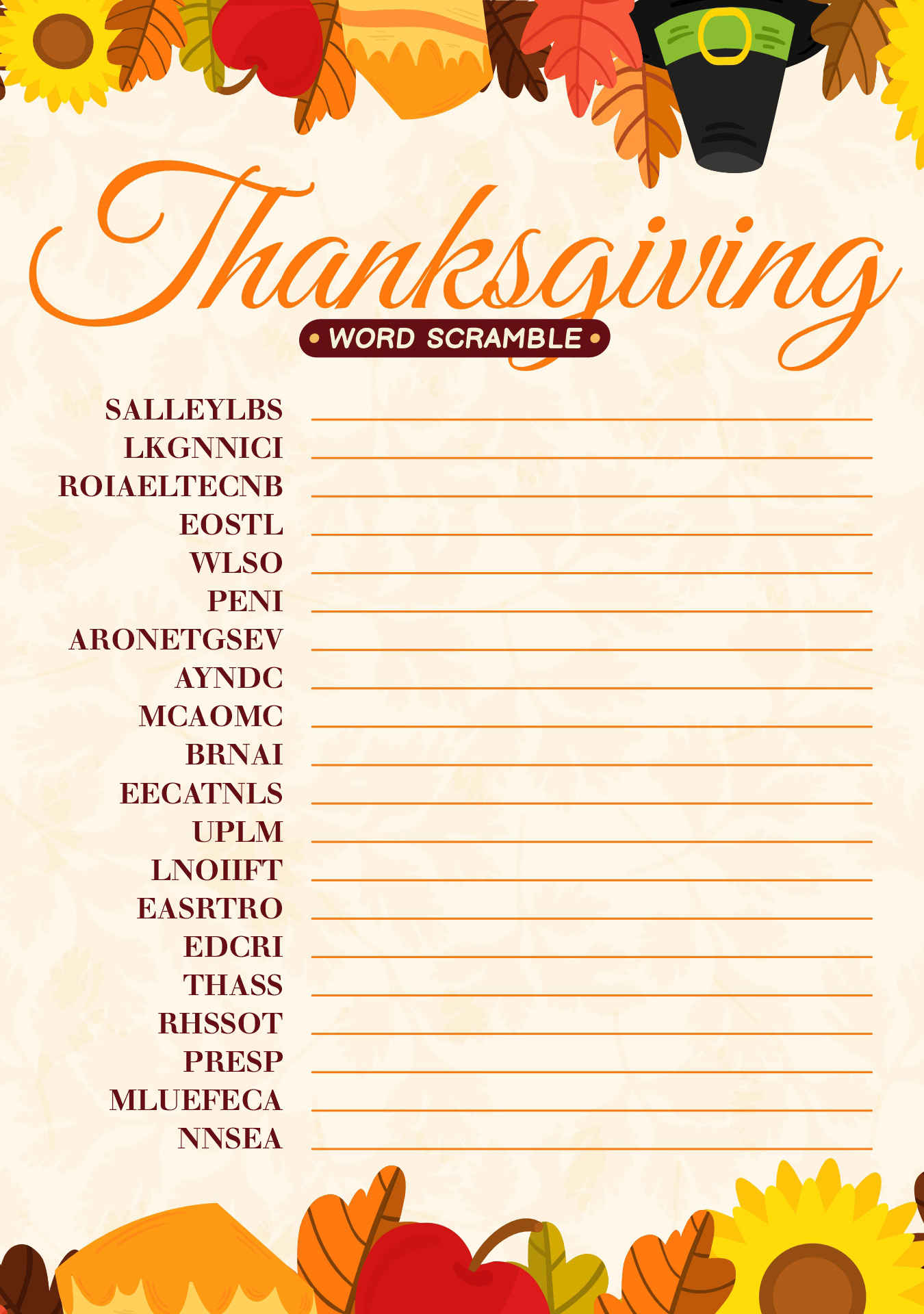 Thanksgiving Party Game Word Scramble Puzzle