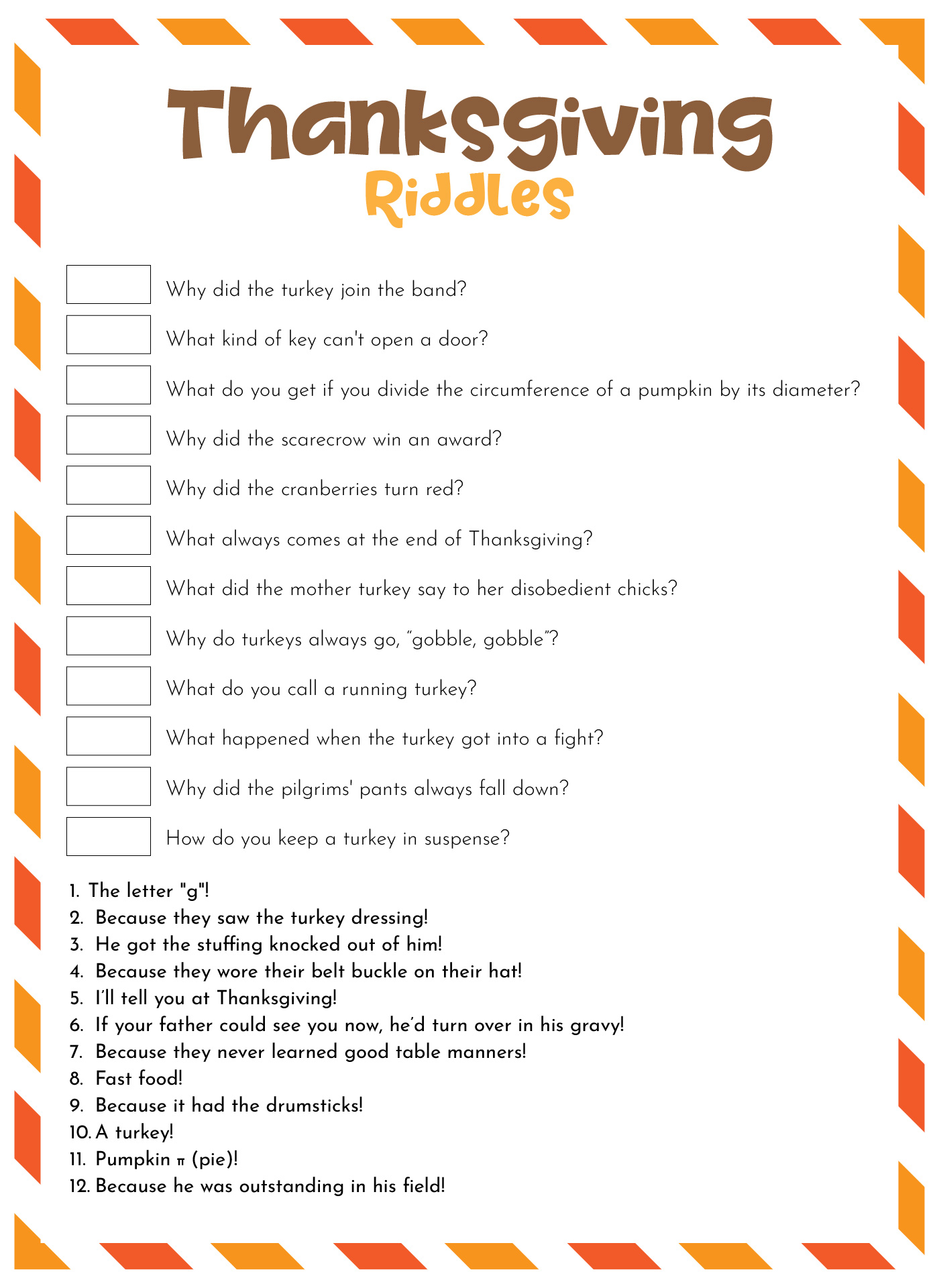 Thanksgiving Riddle Challenges Printable