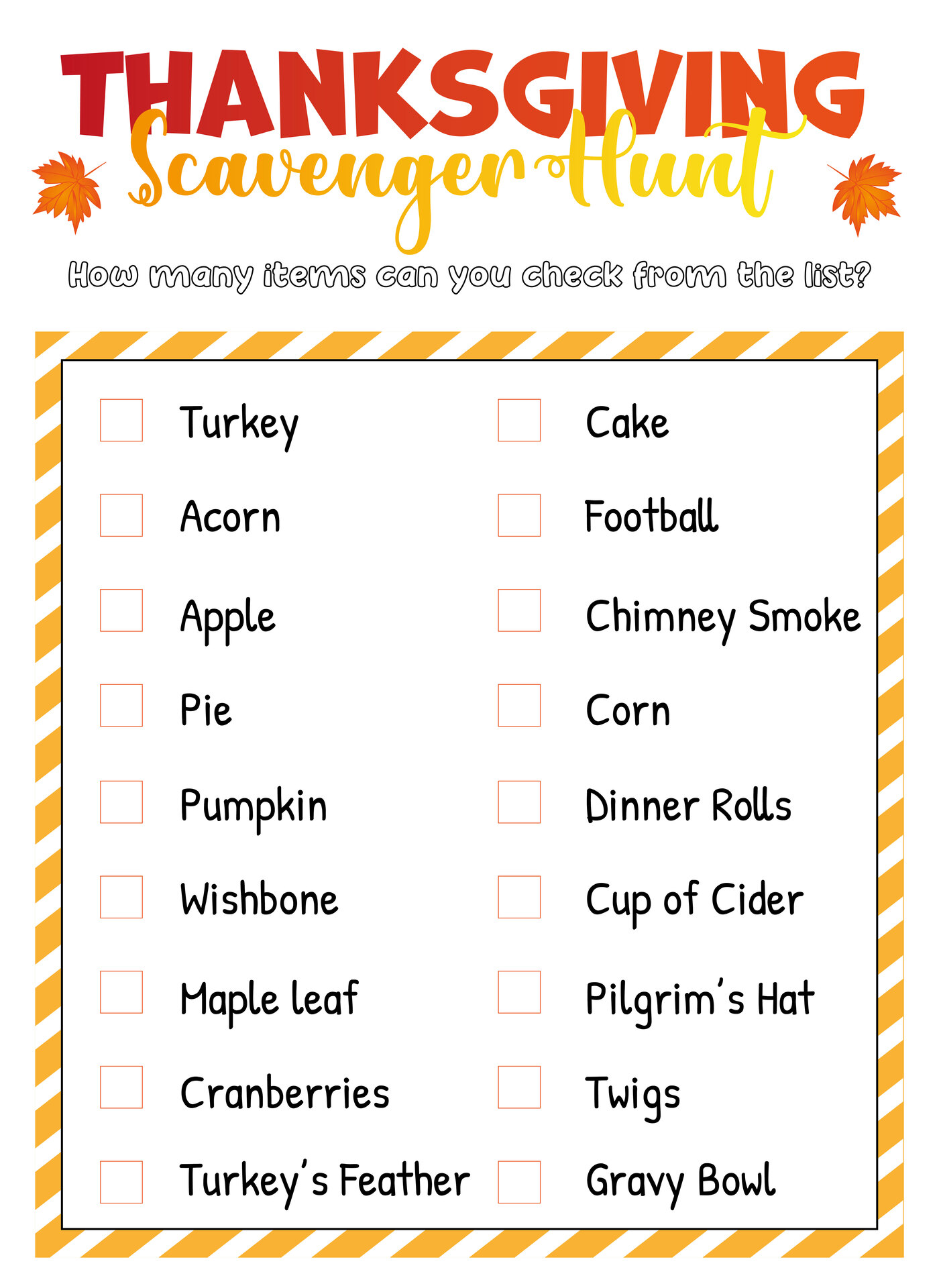 Thanksgiving Scavenger Hunt Lists