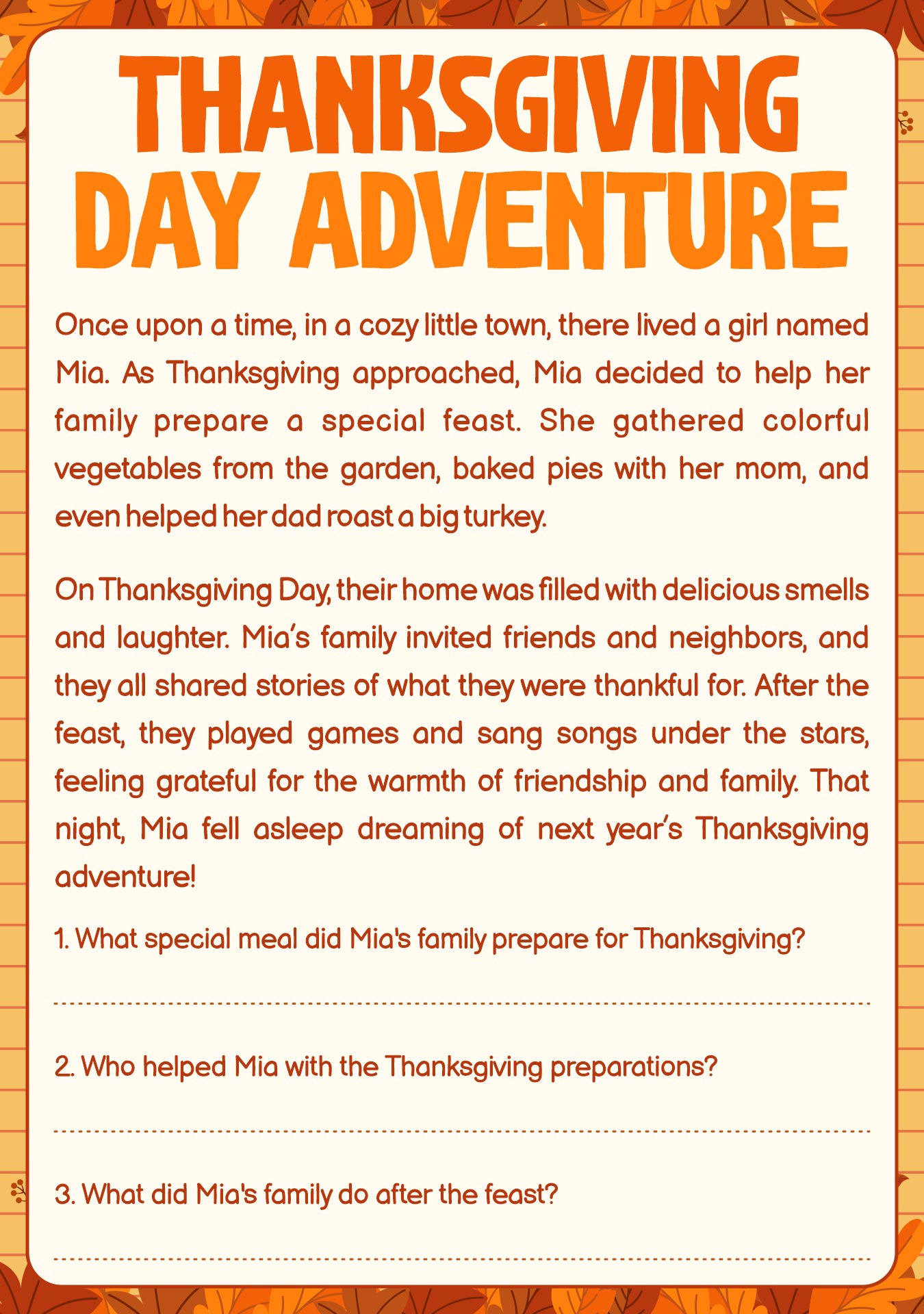 Thanksgiving Story Activity Sheets for Kids