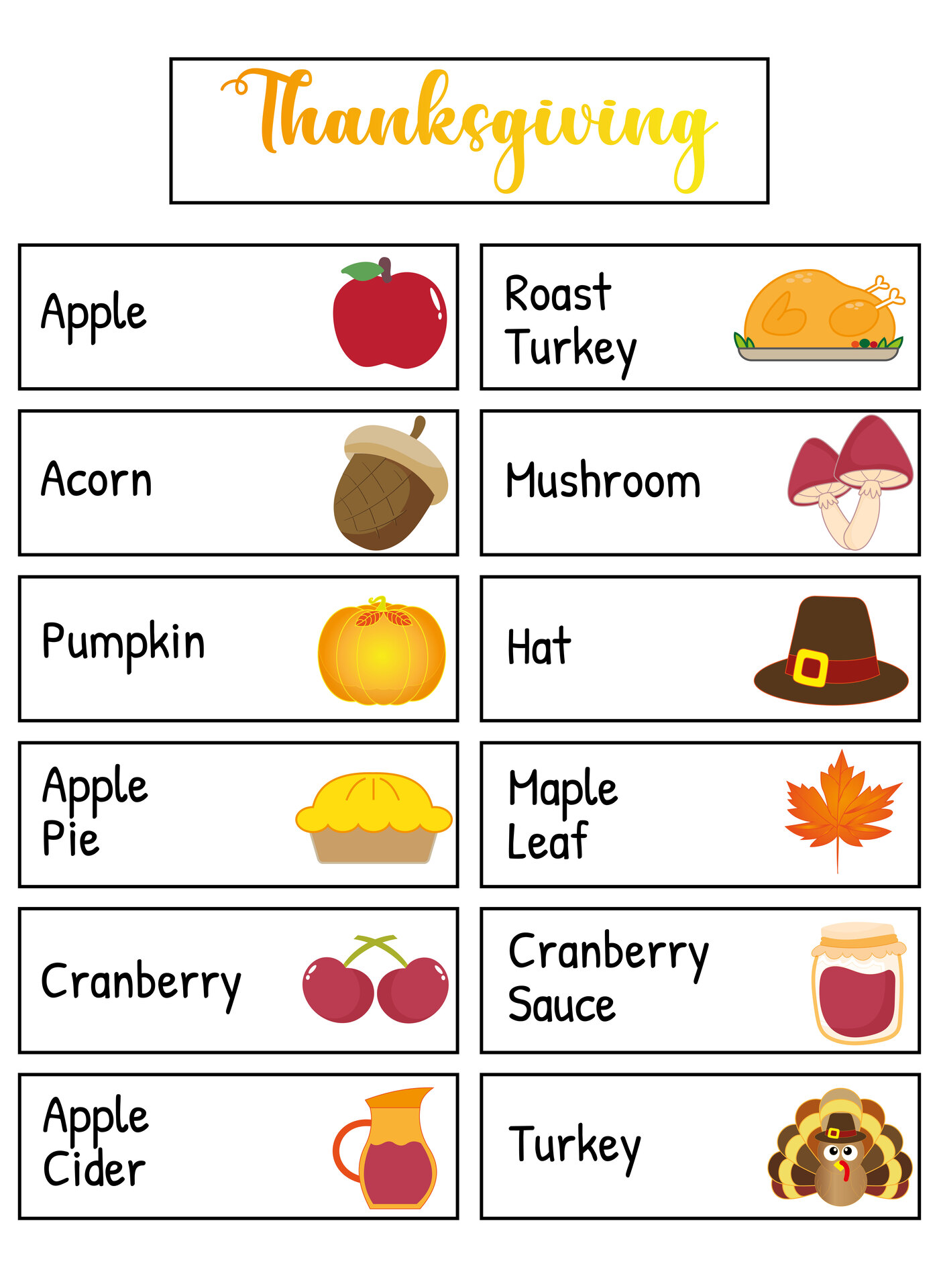 Thanksgiving Themed Word Wall Printables