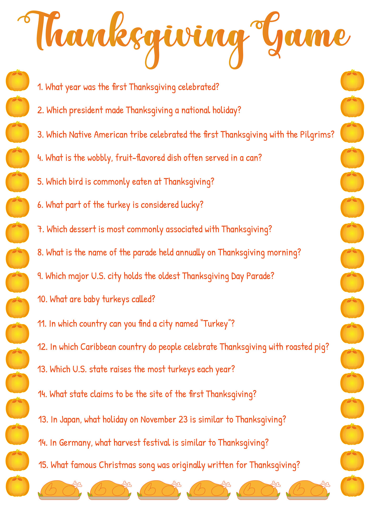 Thanksgiving Think Fast Game Printable