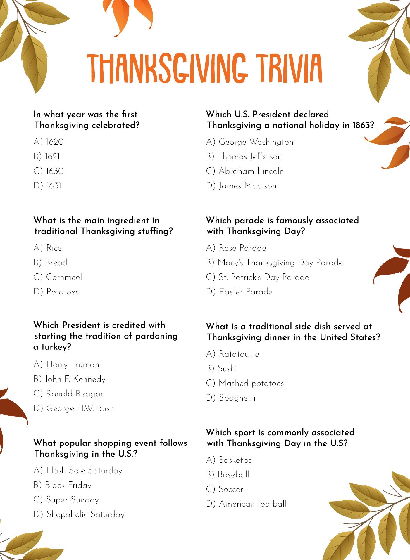 Thanksgiving Trivia and Answers Printable Version for Kids