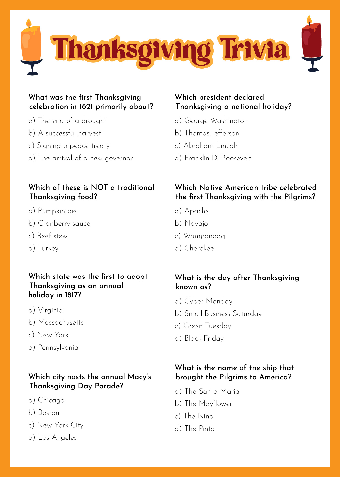 Thanksgiving Trivia Printables