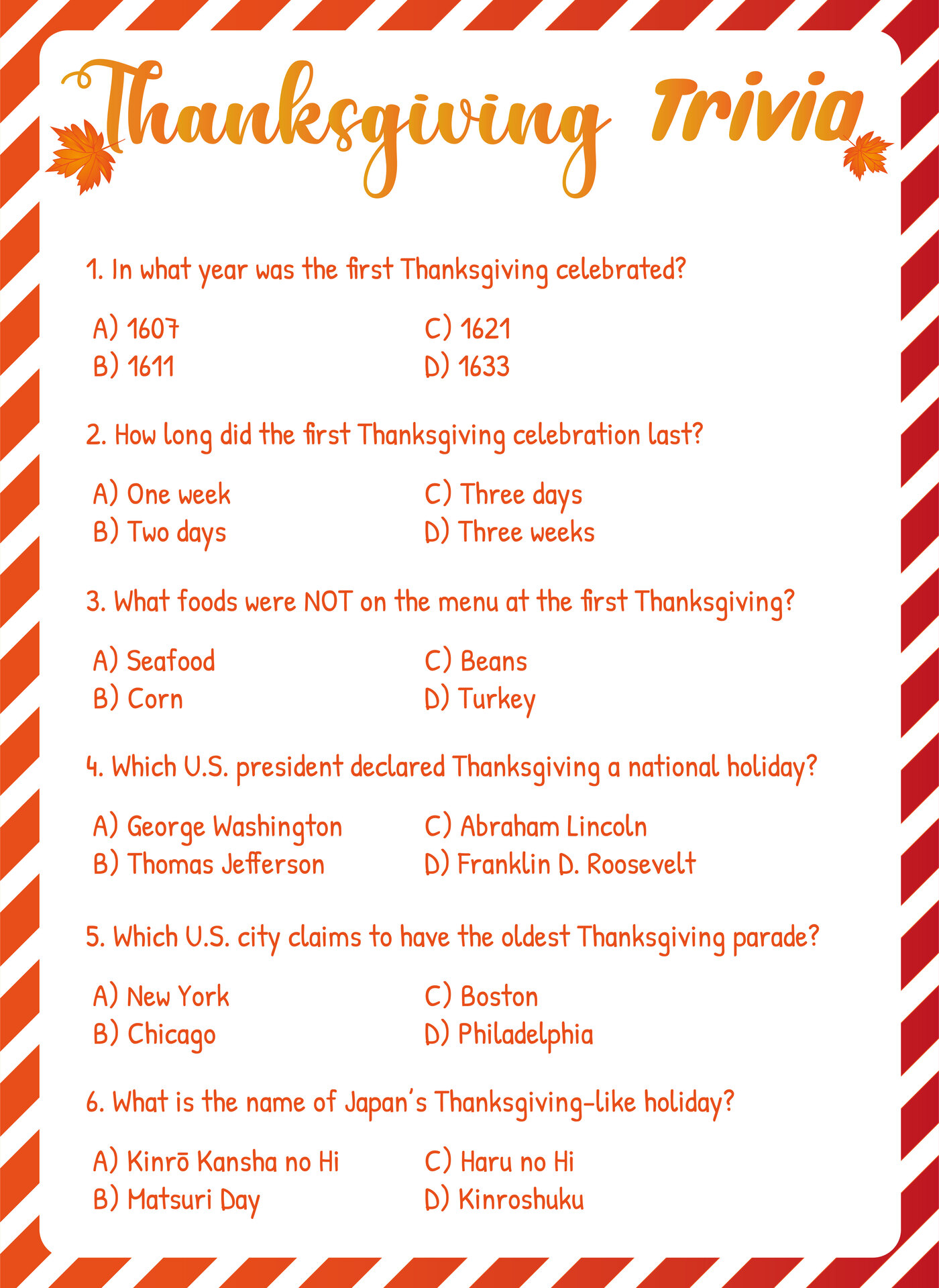 Thanksgiving Trivia Questions and Answers Multiple Choice