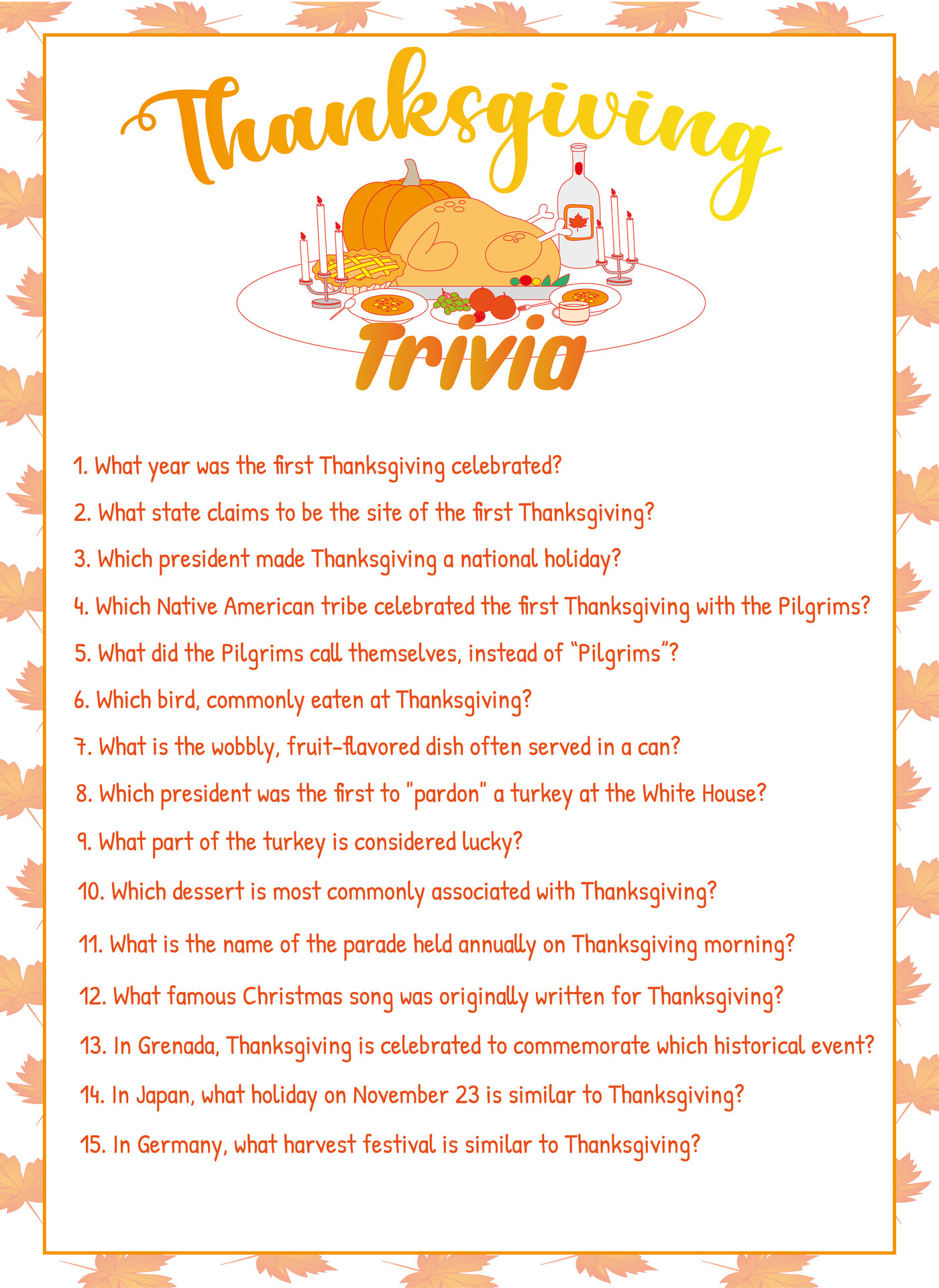 Thanksgiving Trivia Quiz Sheets for Family Fun