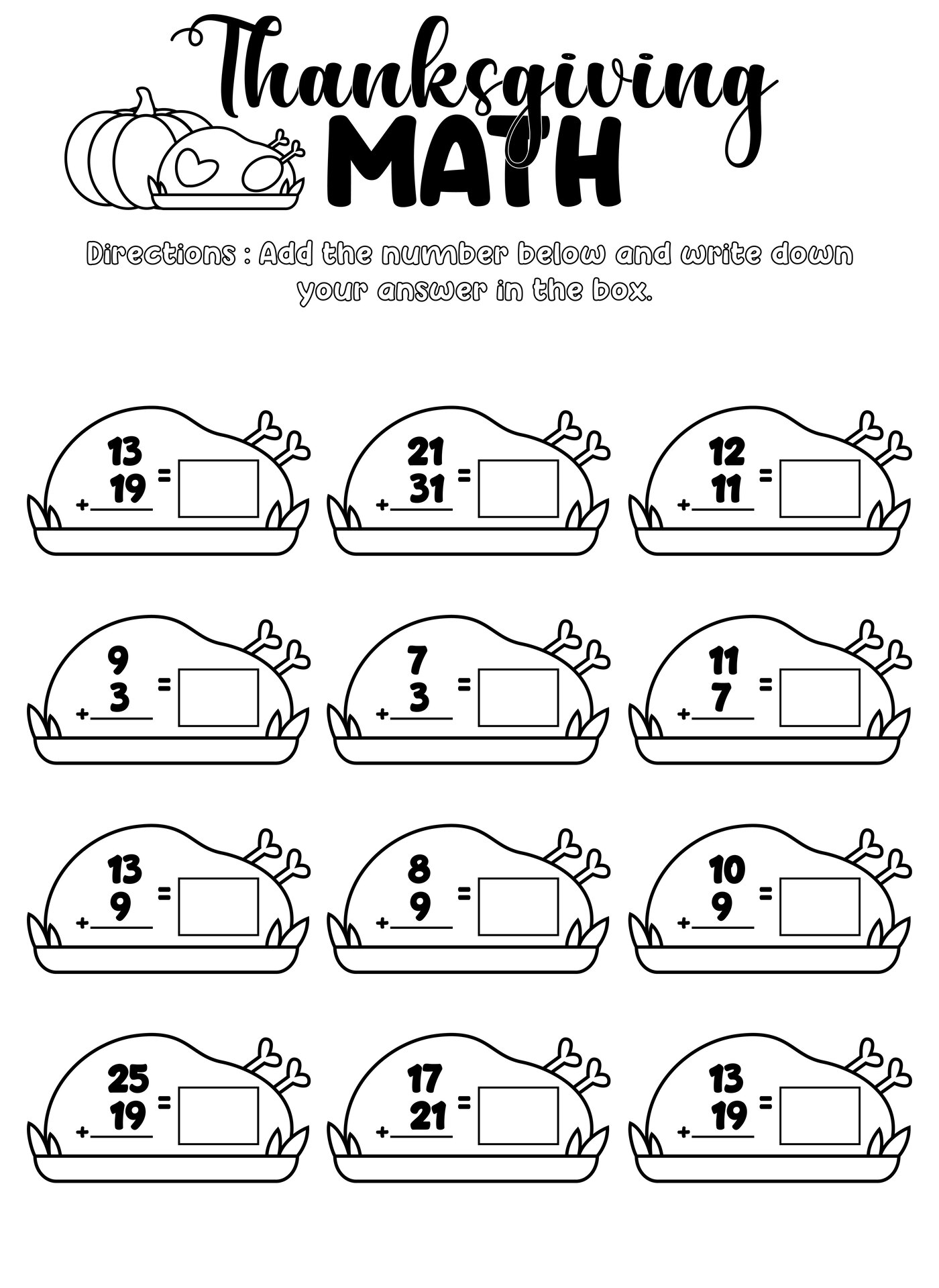 Thanksgiving Turkey Math Worksheets for Kids