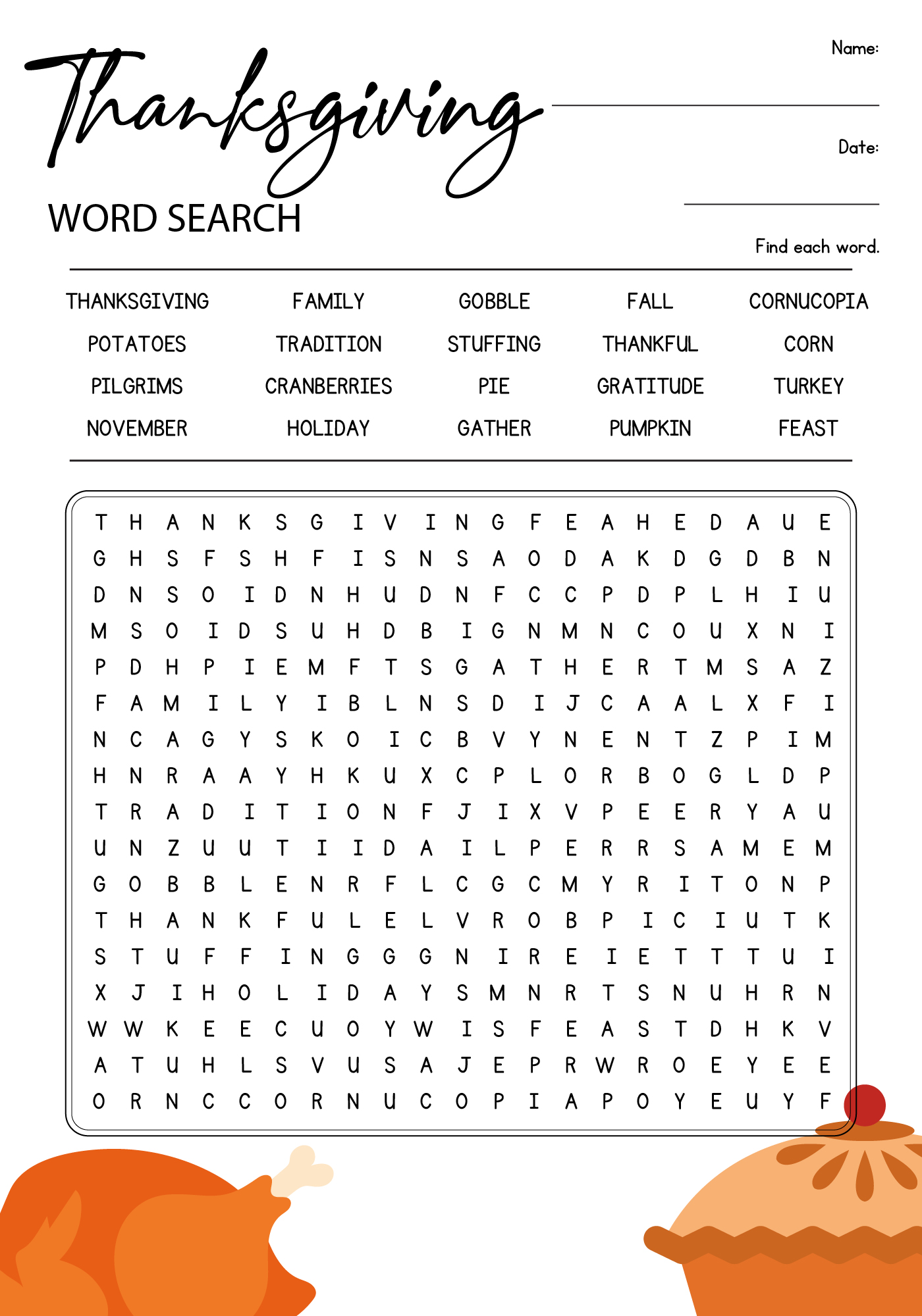 Thanksgiving Word Search Printables