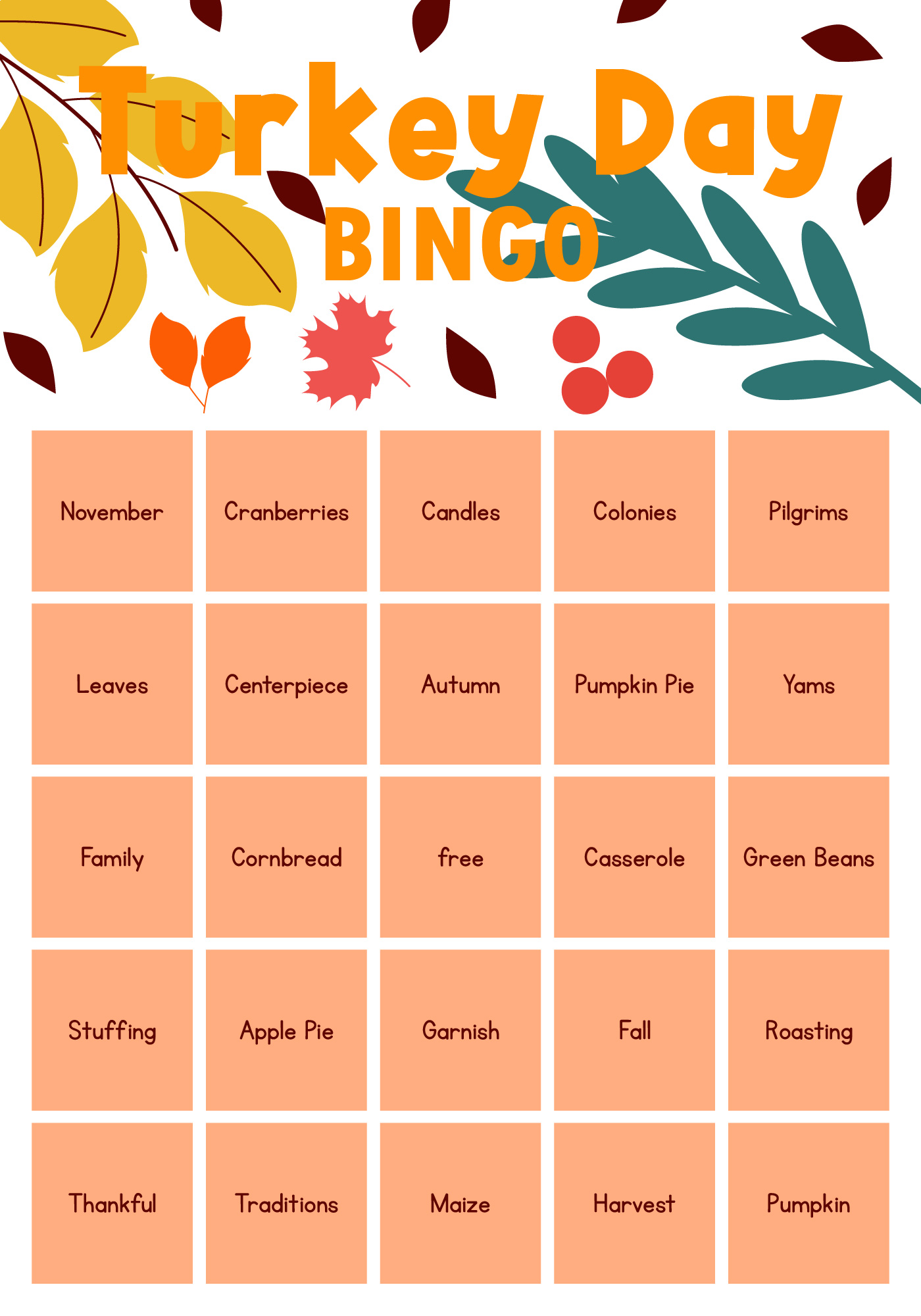 Turkey Day Bingo Game Sheets