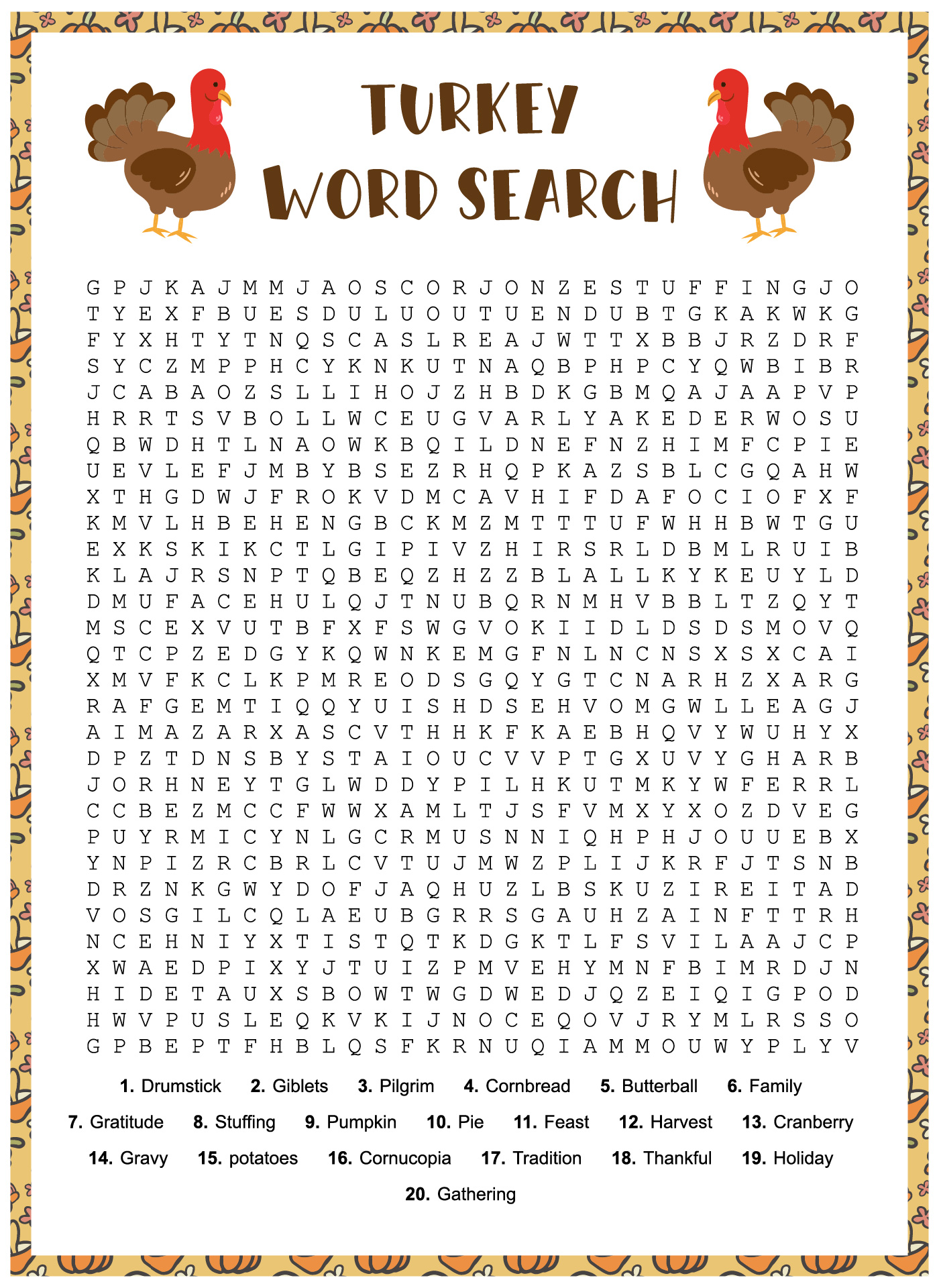 Turkey-themed Word Search Sheets for Grade 2