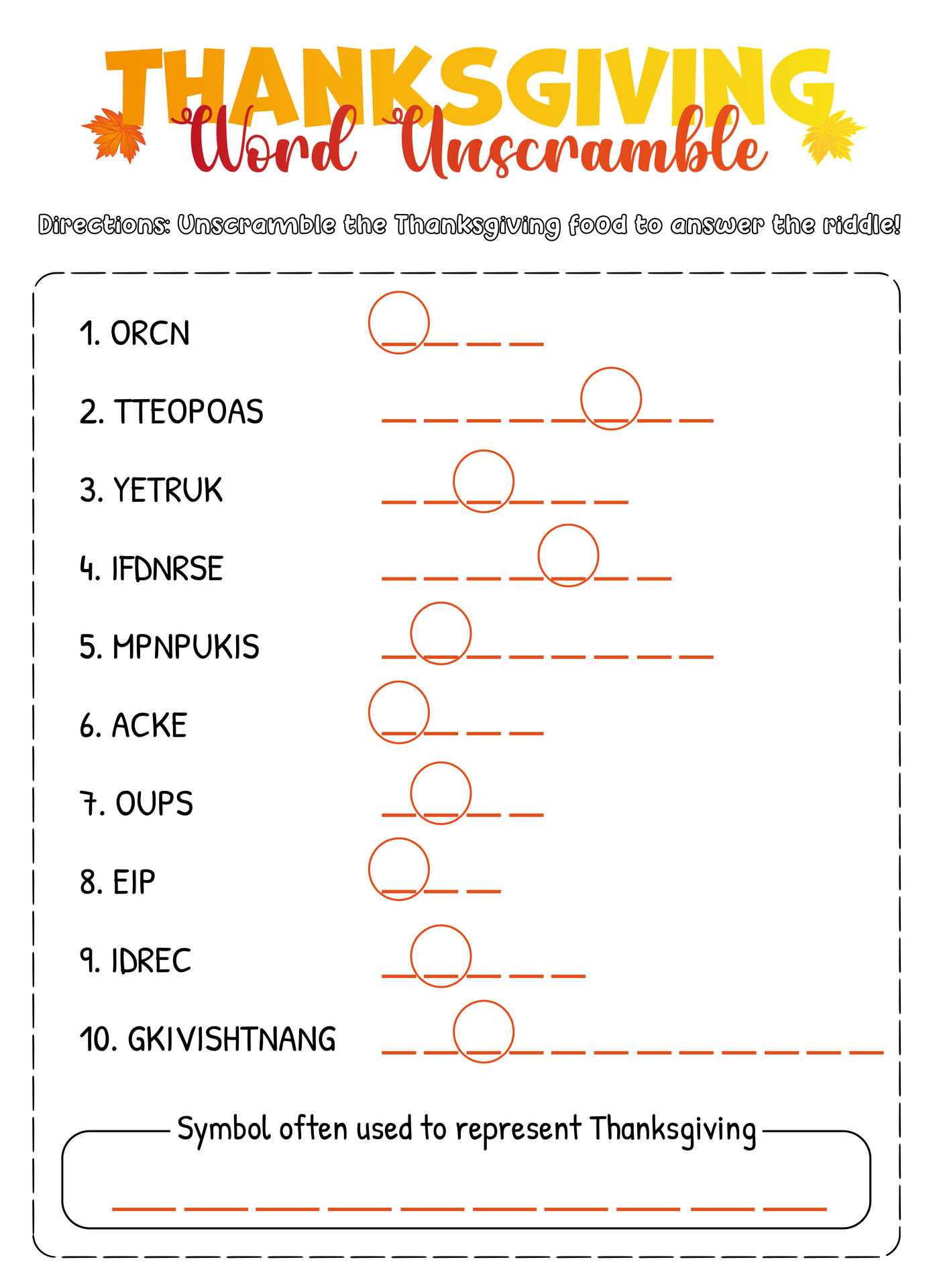 Unscramble The Feast Thanksgiving Word Scramble Activity