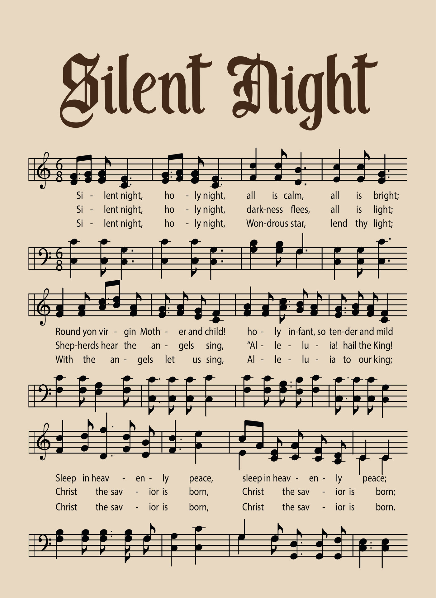 Vintage Silent Night Christmas Carol Music Sheet for Print