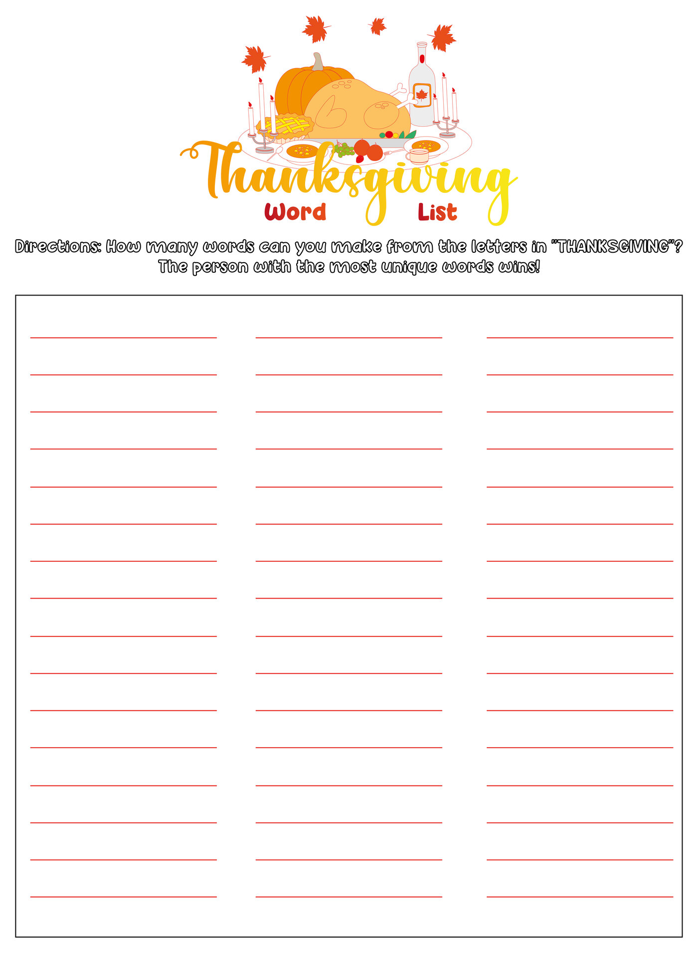 Vocabulary Word List Thanksgiving Game