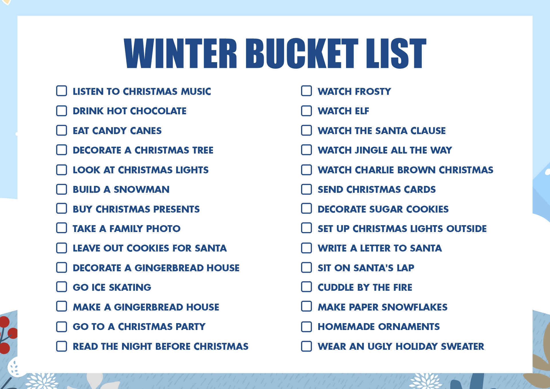 Winter Bucket List Printable