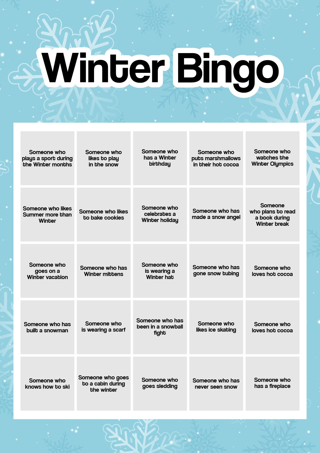 Winter Holiday Bingo Printable for Classroom Activity