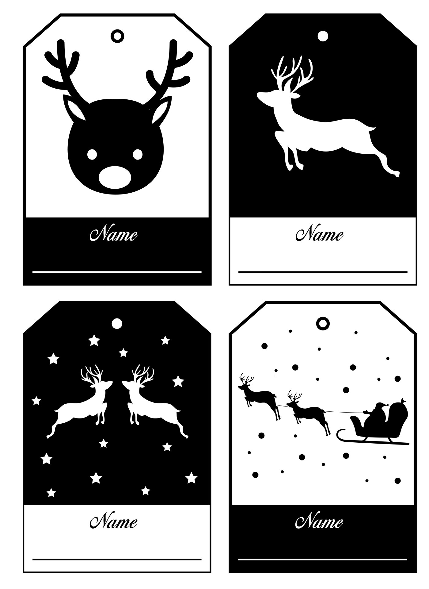 Black and White Reindeer Christmas Name Tags Printable