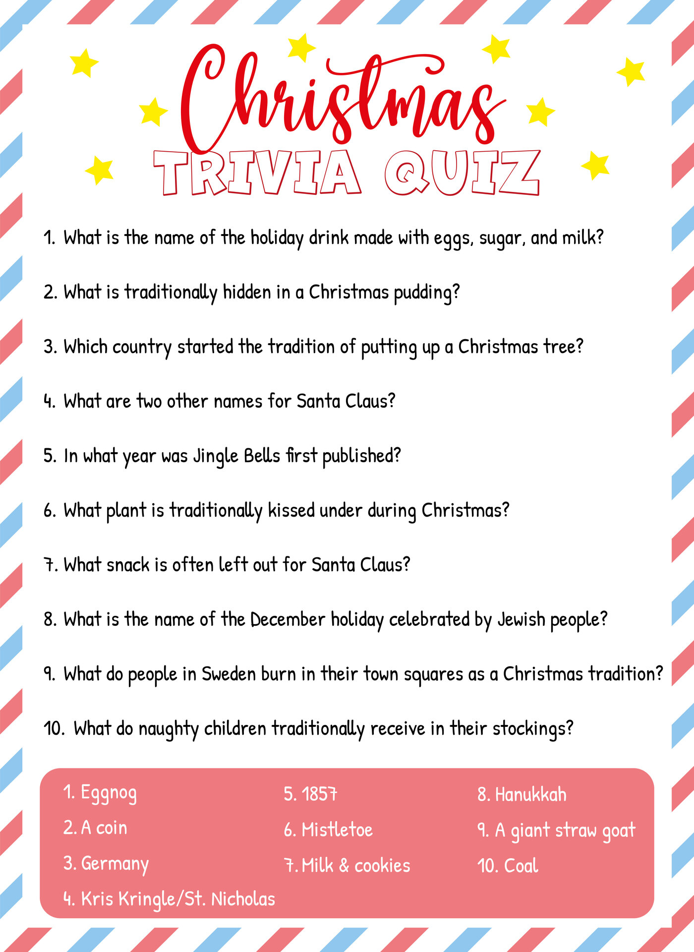 Christmas Trivia Quiz with Answer Printable