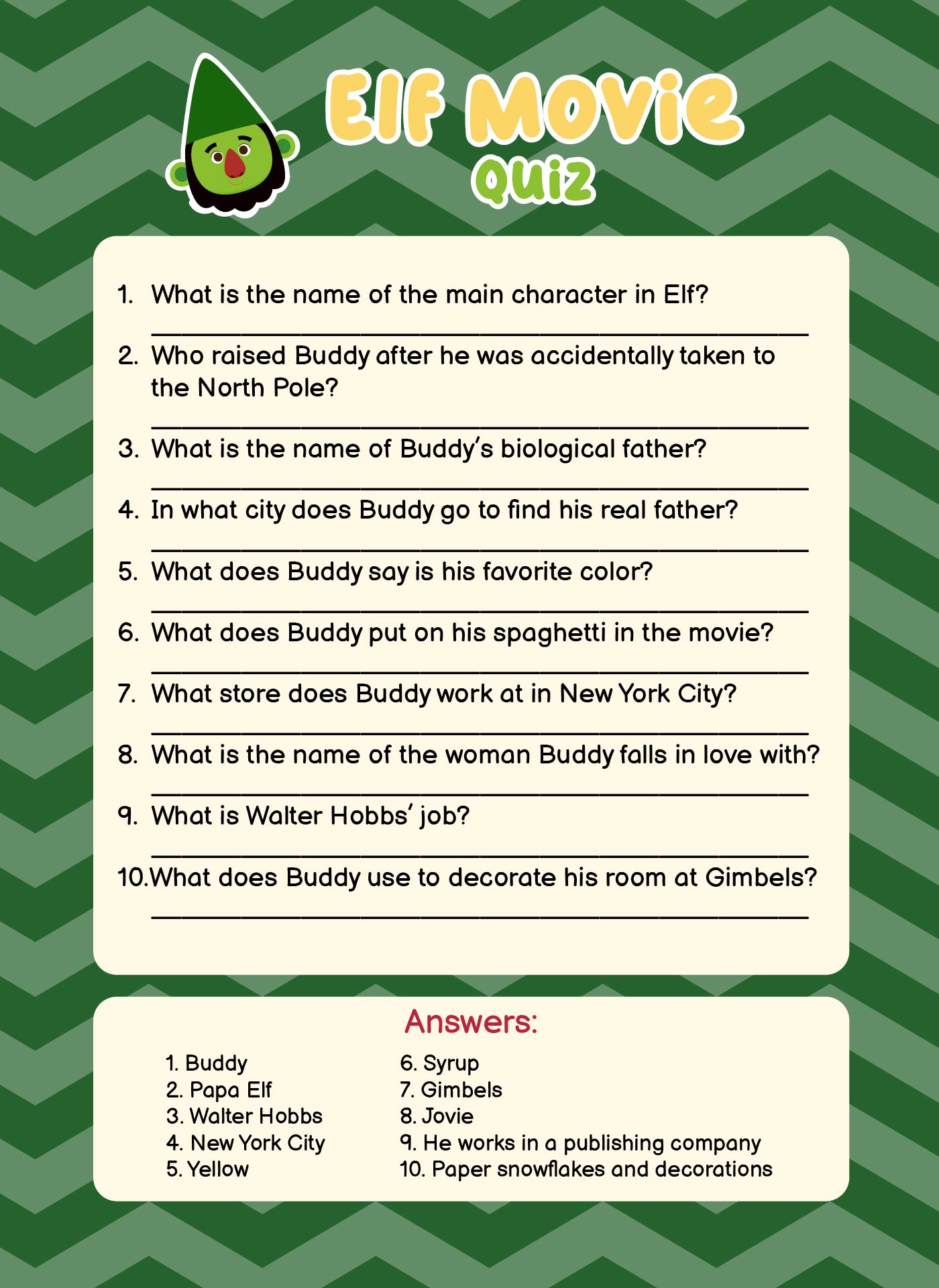 Elf Movie Quiz Questions and Answers