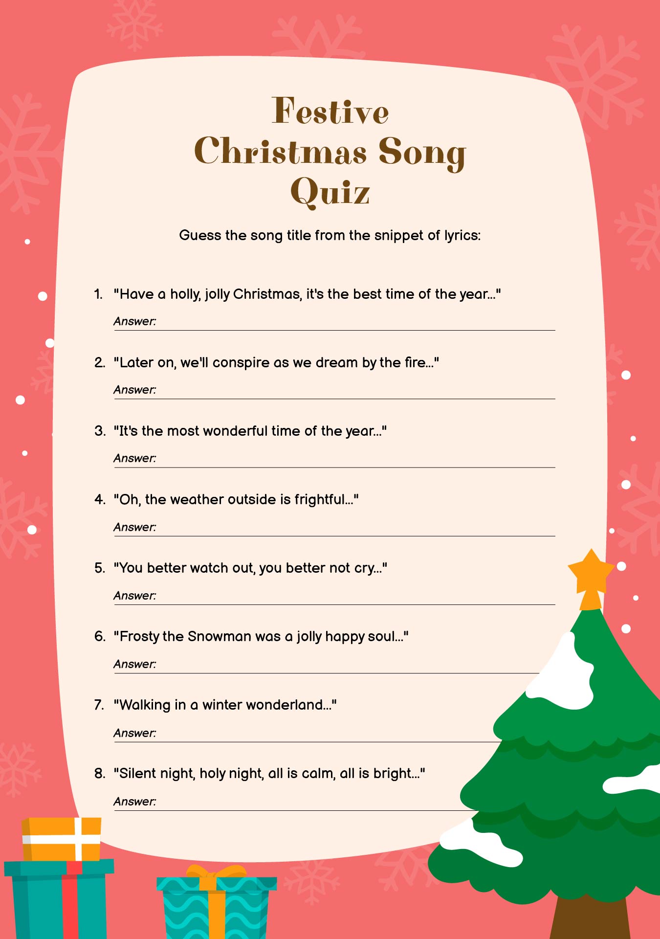 Festive Christmas Song Quiz Sheets