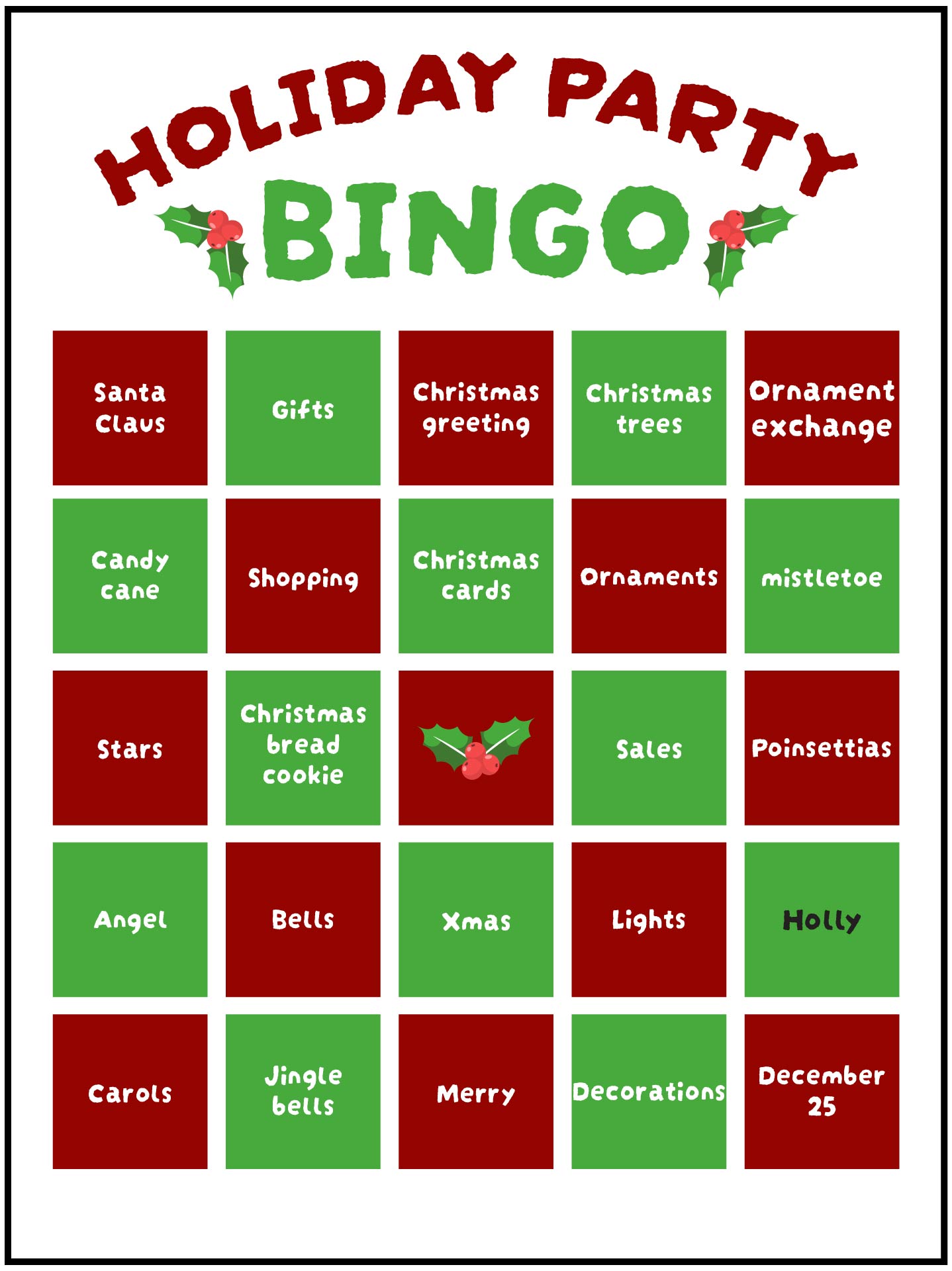 Holiday Bingo Cards for Christmas Party