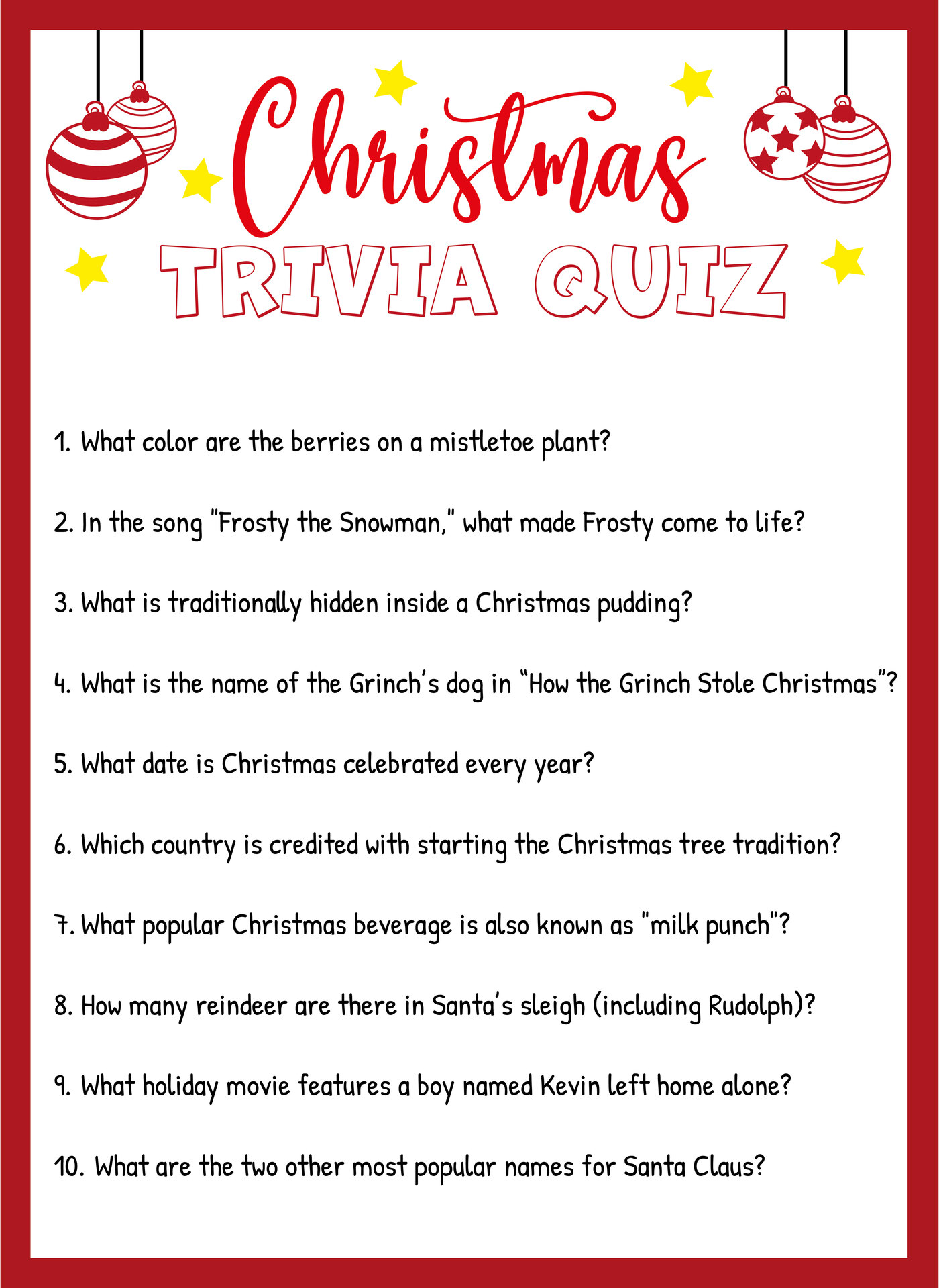 Holiday Christmas Trivia Quiz for Adults Printable