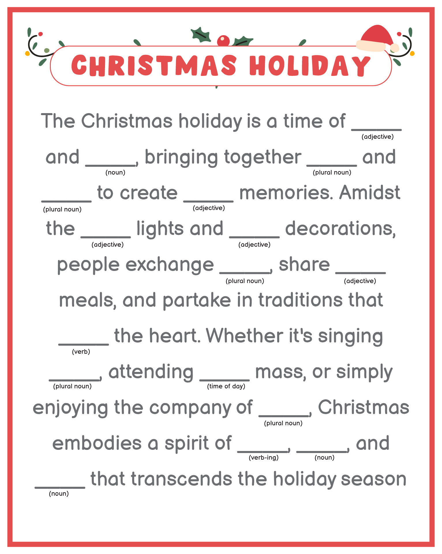 Holiday Themed Mad Libs for School